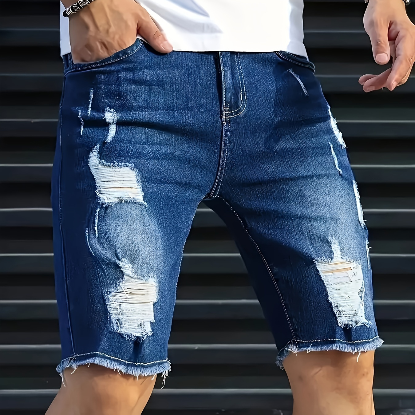 

Men's Chic Design Cotton Blend Ripped Frayed Slim Fit Jorts, Street Style Summer Bottoms For Men
