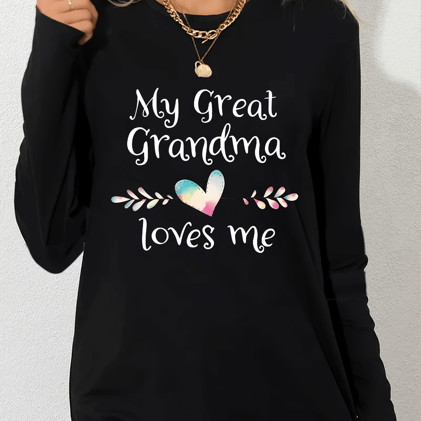 

Women's Casual Crew Neck Long Sleeve T-shirt With 'my Great Grandma Loves Me' Heart Print - Polyester & Spandex Blend, Knit Fabric With Slight Stretch, All-season