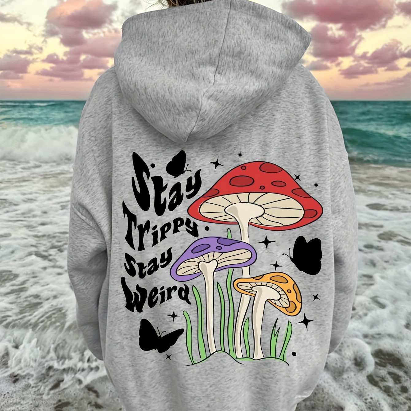 

Plus Size Mushroom Print Kangaroo Pocket Hoodie, Casual Long Sleeve Drawstring Hoodies Sweatshirt For Spring & Fall, Women's Plus Size Clothing