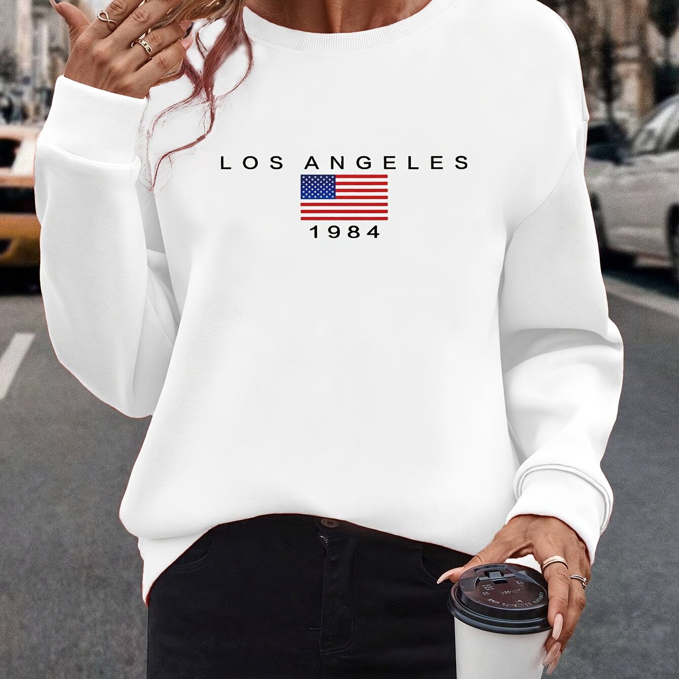 

Los Angeles Print Pullover Sweatshirt, Casual Long Sleeve Crew Neck Sweatshirt For Fall & Winter, Women's Clothing
