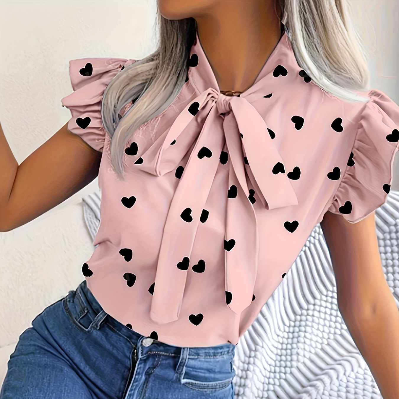 

1pc Blouse en polyester pour femme, chemise d'été à imprimé cœur de style français avec manches papillon à volants