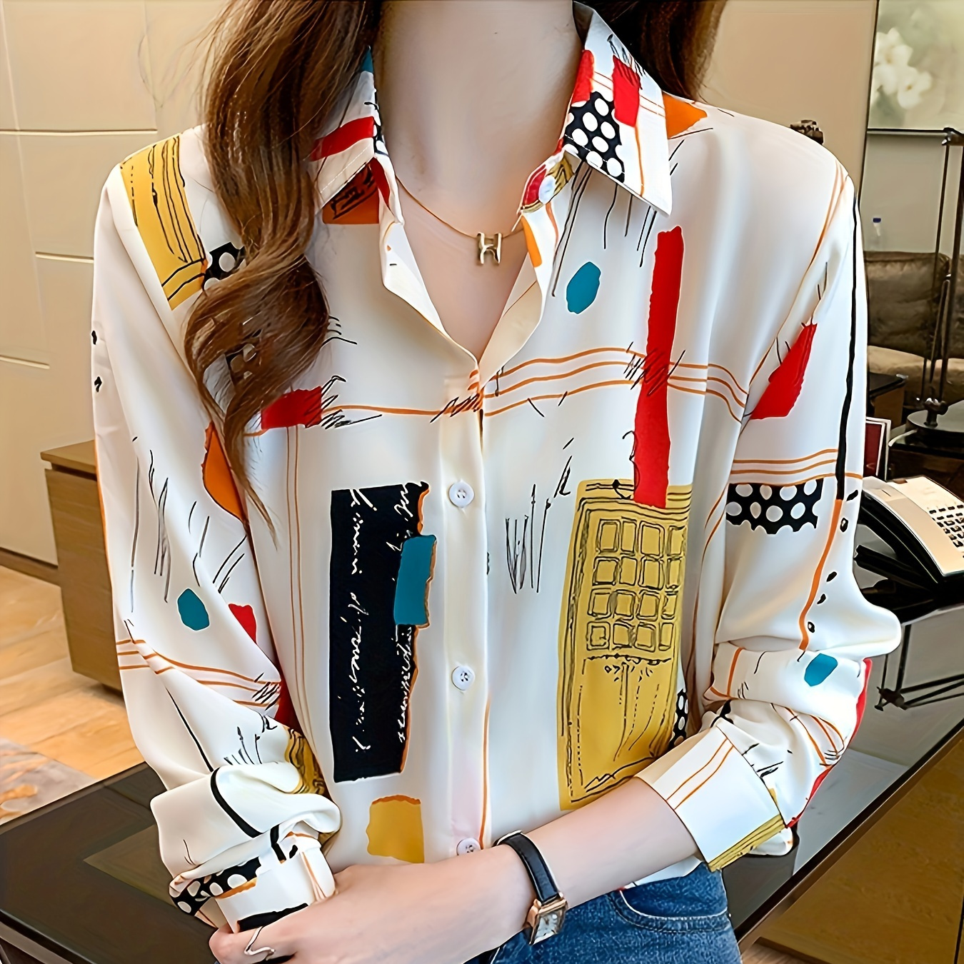 

Casual Long Sleeve Shirt With Turn-down Collar, Polyester Blend With Spandex, Random Print, Spring/autumn Fashion