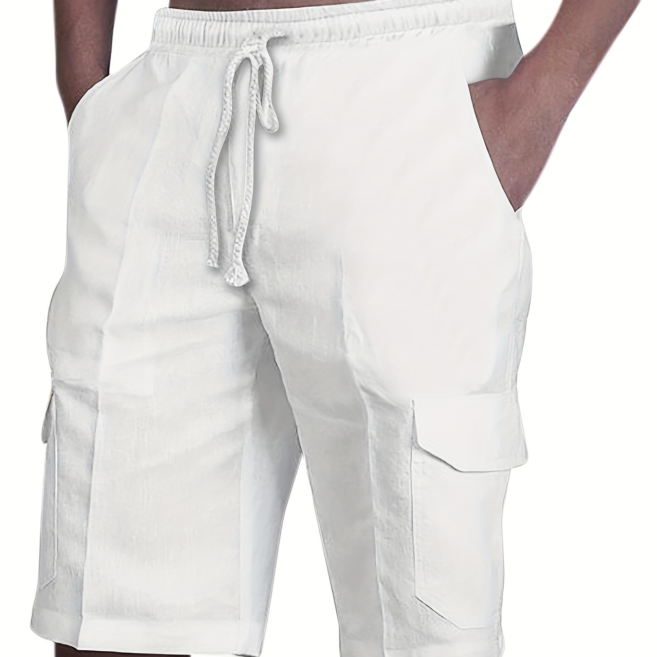 

Solid Color Men's Drawstring Cargo Short Pants With Flap Pockets, Loose Trendy Shorts, Men's Work Pants For Outdoor