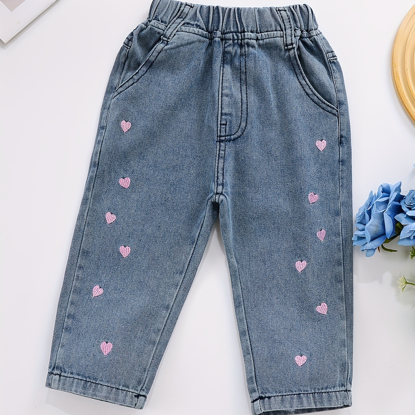 

Cute Heart Embroidery Girls Long Denim Jeans With Pocket, Kids Casual Outdoor Pants For All Seasons