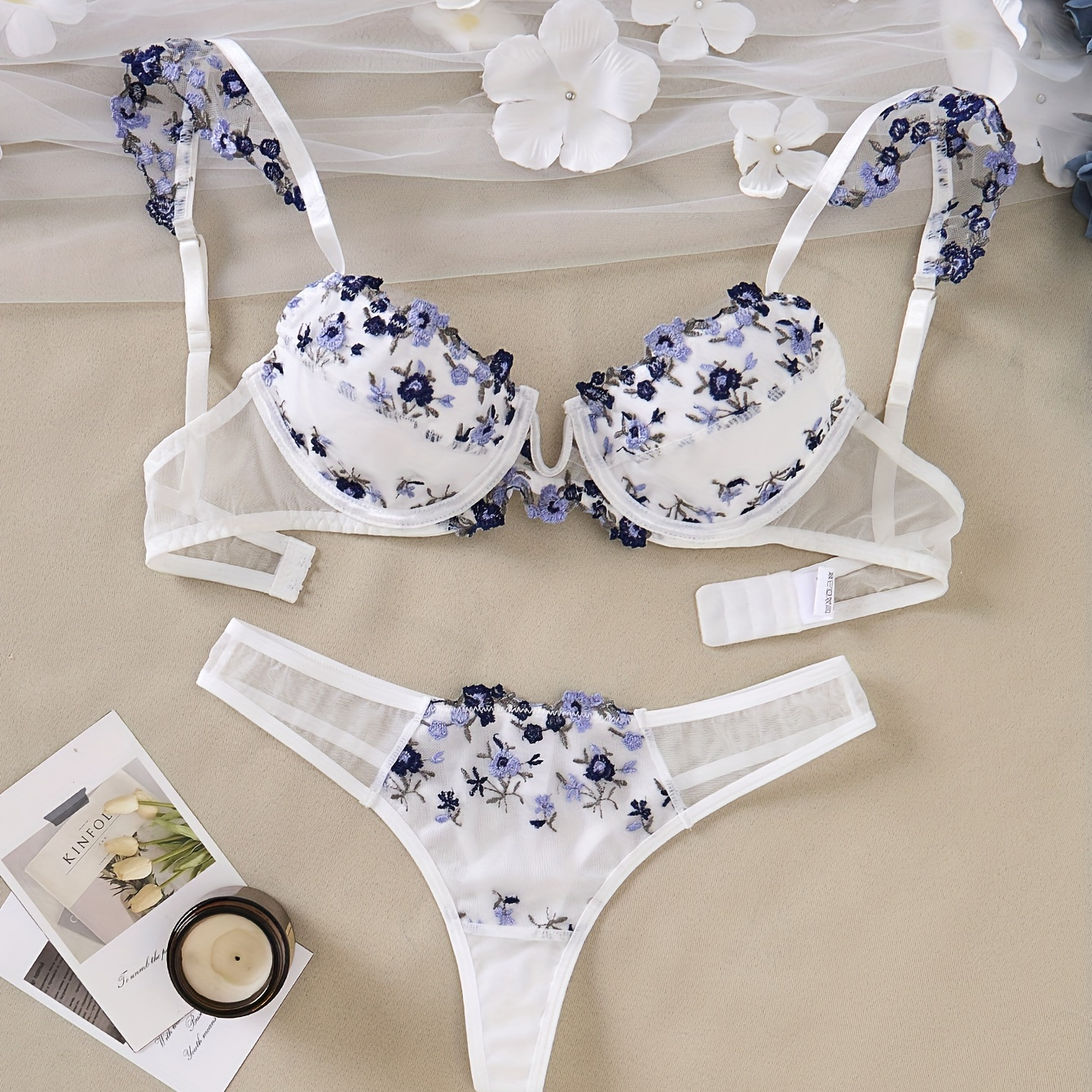 

Ensemble de lingerie élégant, soutien-gorge et culotte en maille brodée florale, lingerie et sous-vêtements pour femmes