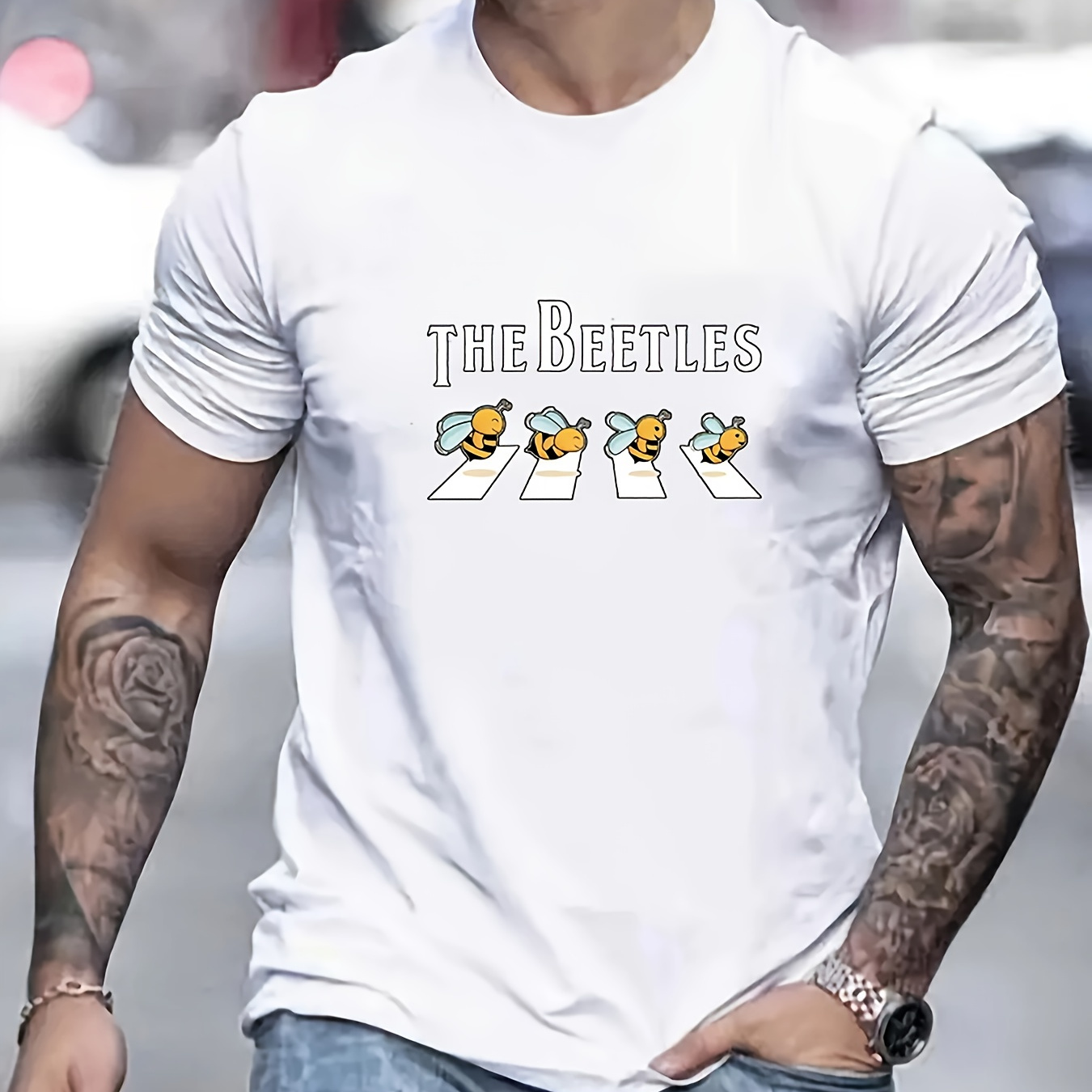 

Cute Honey Bee Pattern Print Men's Crew Neck Short Sleeve Tees, Summer Trendy T-shirt, Casual Versatile Comfy Breathable Top For Daily Outdoor Street Wear