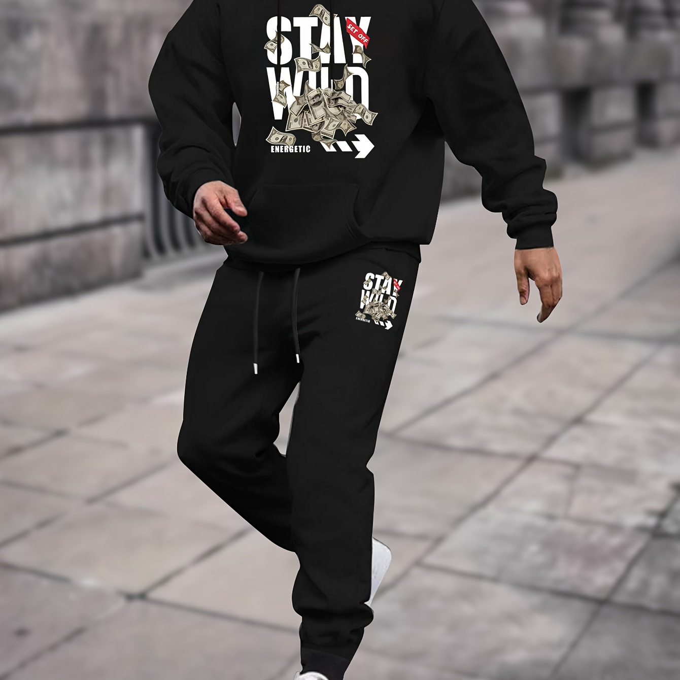 

Stay Wild And Cash Graphic Print, Men's 2pcs Outfits, Casual Crew Neck Long Sleeve Pullover Hoodie And Drawstring Sweatpants Joggers Set For Spring And Fall, Men's Clothing