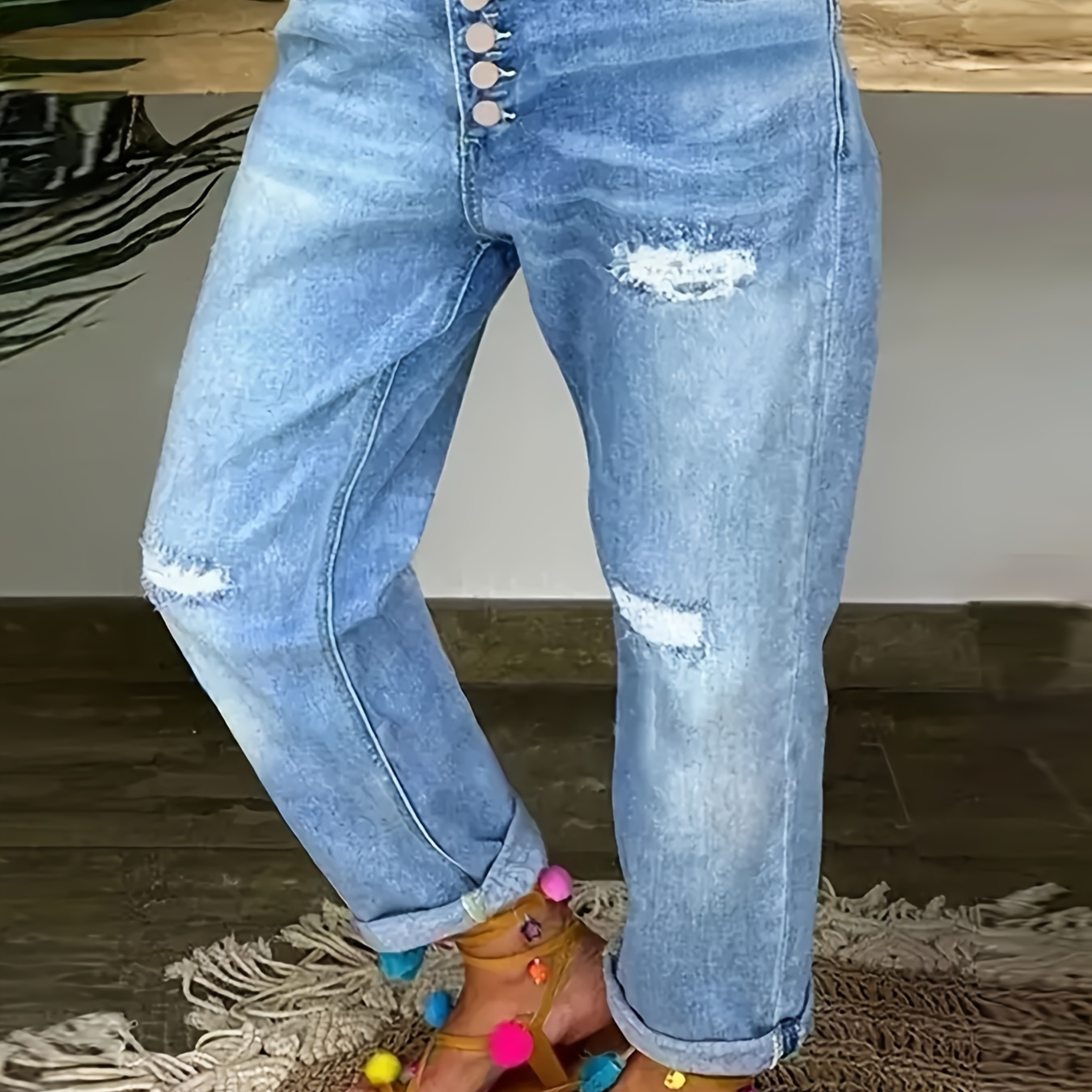 

Women's Stretchy Ripped Jeans - Distressed Washed Blue, Straight-leg Denim Pants For All