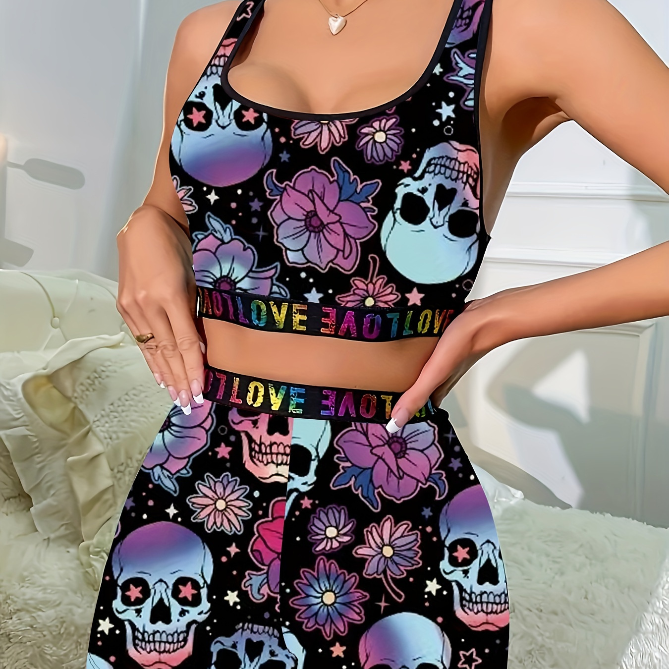 

Women's Halloween Outfit 2-pieces Set, Soft Fabric, Include Sports Tank Top And Shorts, Halloween Theme Print, For Fitness & Workout