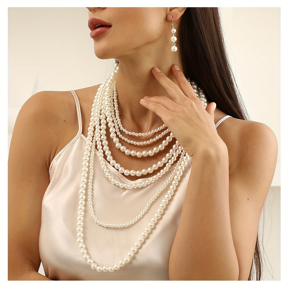 

Multilayer Faux Pearls Necklace & Drop Earrings Sweet Jewelry Set Accessories For Bestie Friend Mother Gift Mother's Day Gift