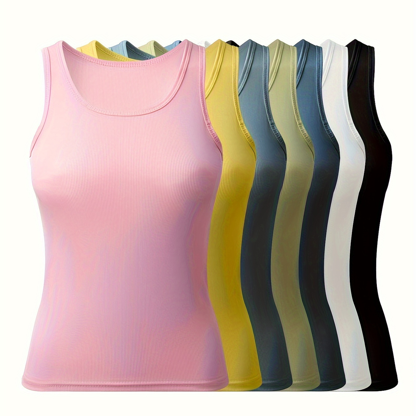 

7pcs Women's Ribbed Tank Tops - Soft Polyester & Spandex , Semi-sheer, Solid Colors For Sleepwear & Loungewear - Black, White, Gray, Pink, Blue, Green, Yellow