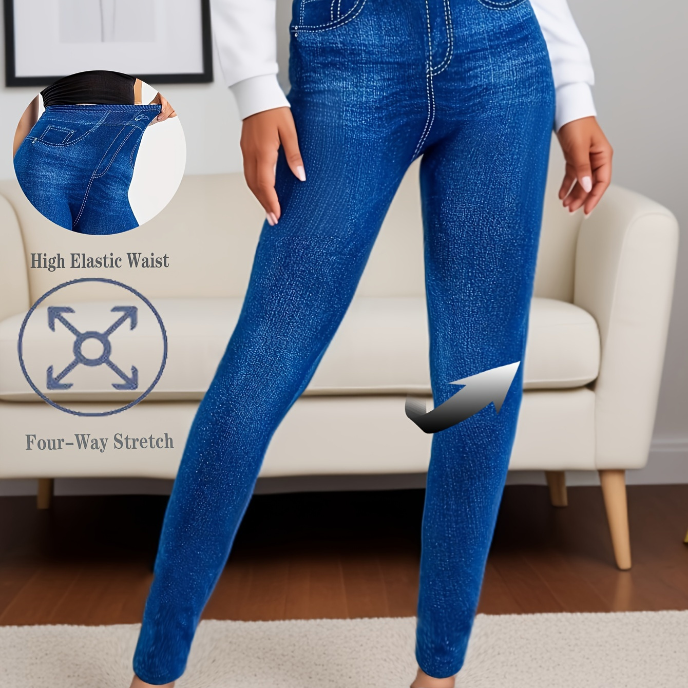 

Women's High-waist Stretchy Leggings - Faux Denim Print, Slimming & Butt-lifting, Casual Cropped Pants With Fake Pockets For All