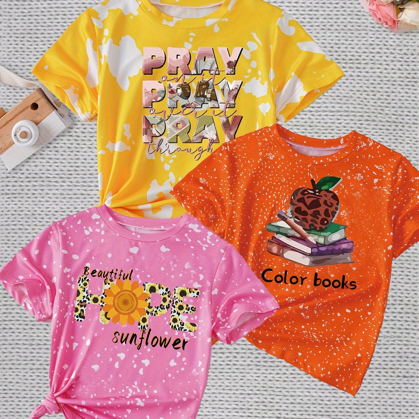 

3pcs Girl's Cartoon Alphabets Pattern T-shirts, Casual Breathable Comfy Short Sleeve Crew Neck Tee Top For City Walk Street Hanging Outdoor Activities