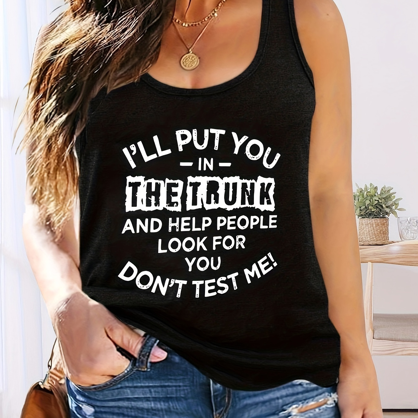 

Plus Size I'll Put You Print Tank Top, Casual Crew Neck Sleeveless Tank Top For Summer, Women's Plus Size clothing