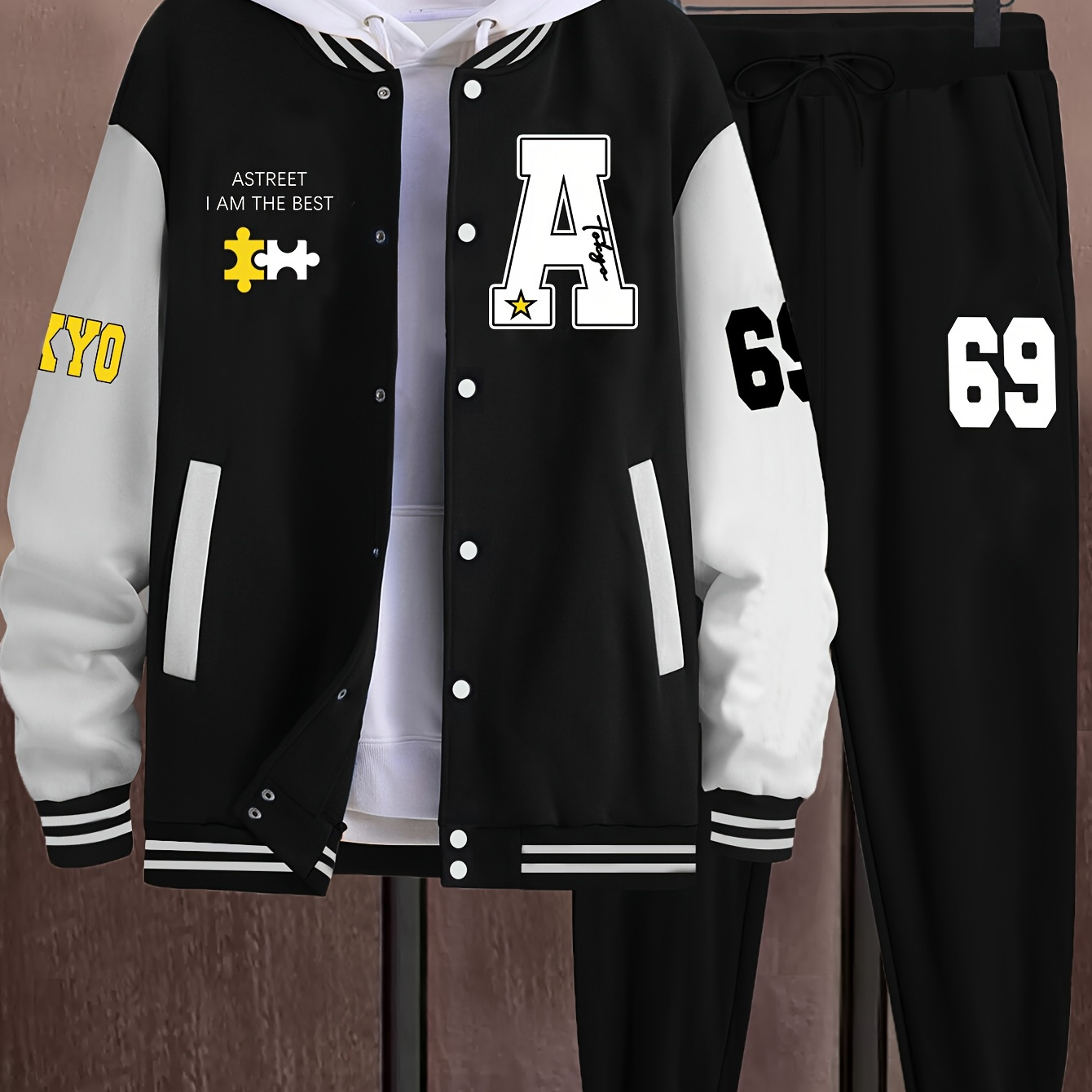 

Essential, Men's Casual 69pcs Set: Varsity Jacket & Joggers With A-69 Print - Polyester, Baseball Collar, Pockets - Fall/winter