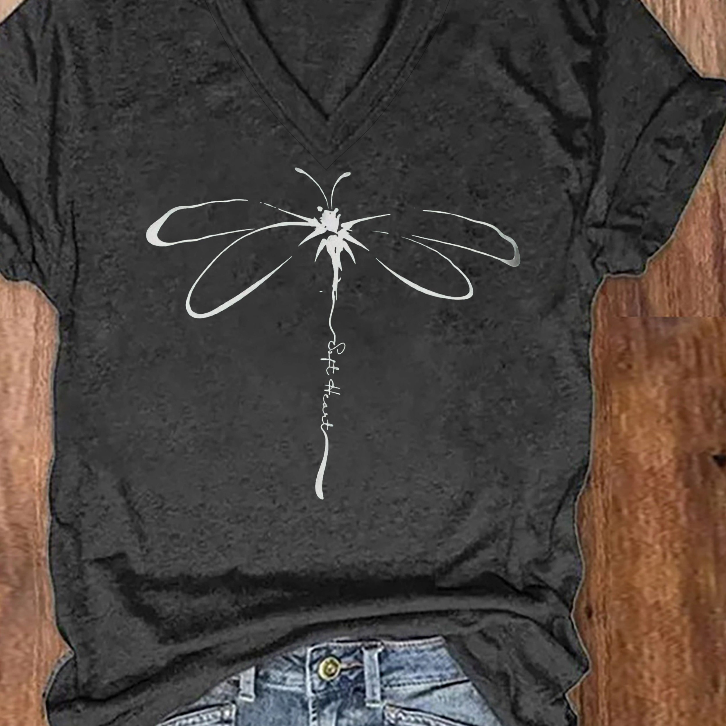 

Dragonfly Print V Neck T-shirt, Casual Short Sleeve T-shirt For Spring & Summer, Women's Clothing