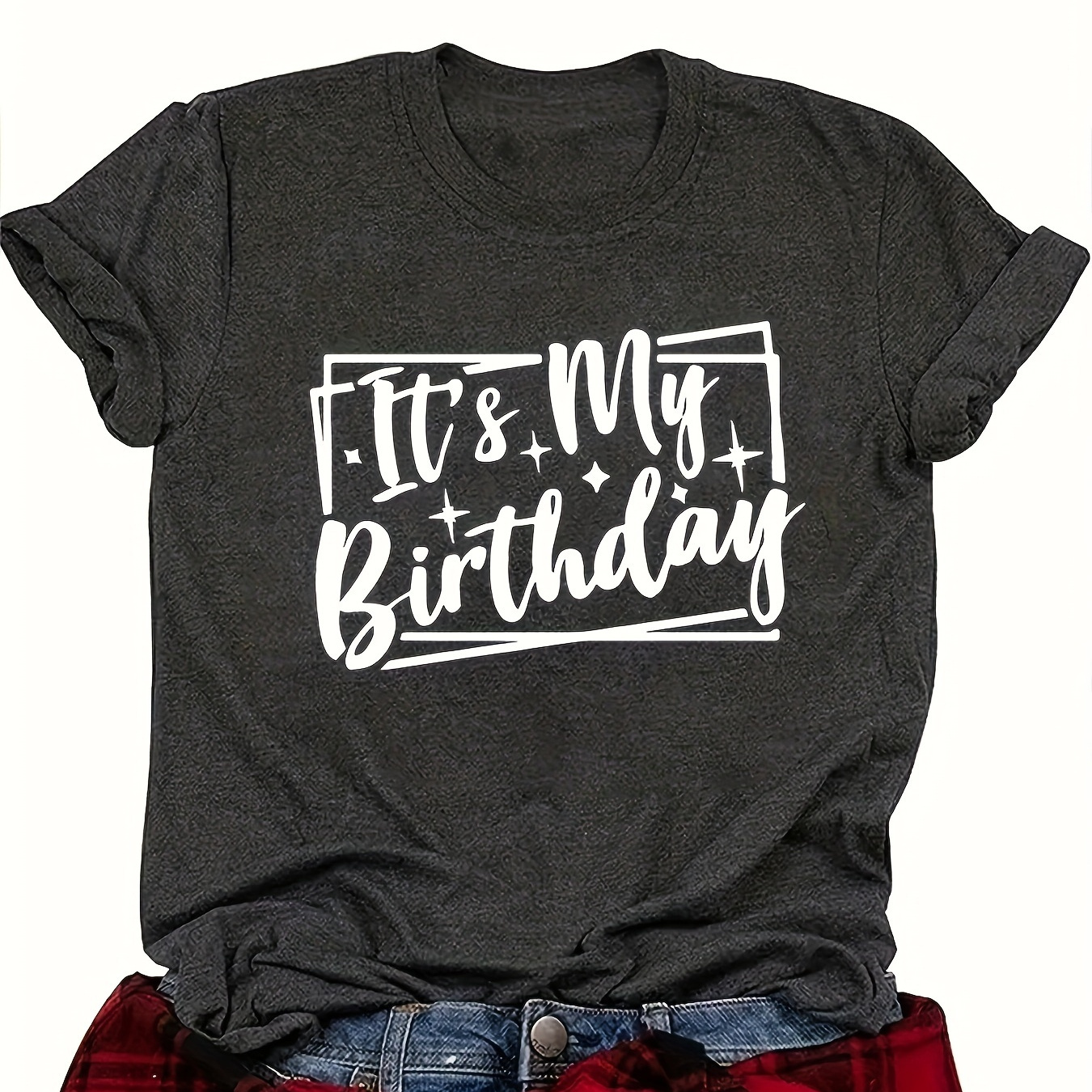 

It's My Birthday Print Crew Neck T-shirt, Short Sleeve Casual Top For Summer & Spring, Women's Clothing