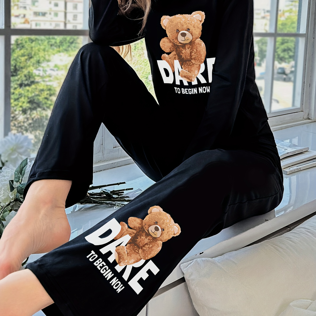 

Women's Cartoon Teddy Bear Pajama Set, Casual Crew Neck Knit Polyester 95% With 5% Elastane, , 140gsm Fabric, Adult Sleepwear