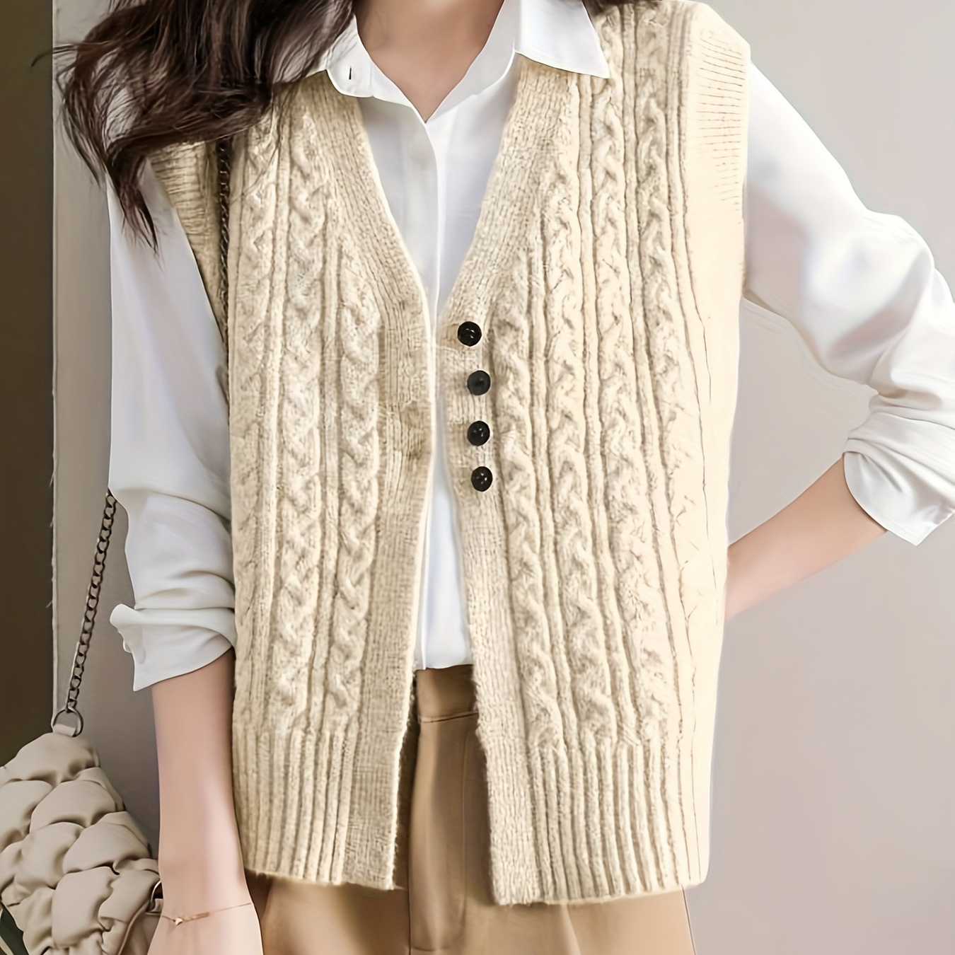 

Women's Chic Polyester Knit Vest | V-neck Cable Knit Sweater Vest | Solid Color Sleeveless Knitwear | Fall/winter Layering Fashion Top