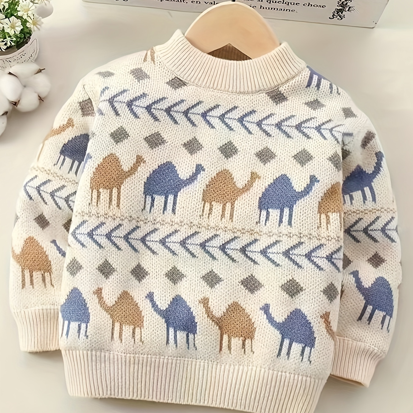 

Kids Animal Pattern Pullover Sweater - Casual Crew Neck Knitted Top With Camel Motif, Polyester Blend Fabric, Medium Stretch, Fall/winter Collection For Children Over 3 Years Old