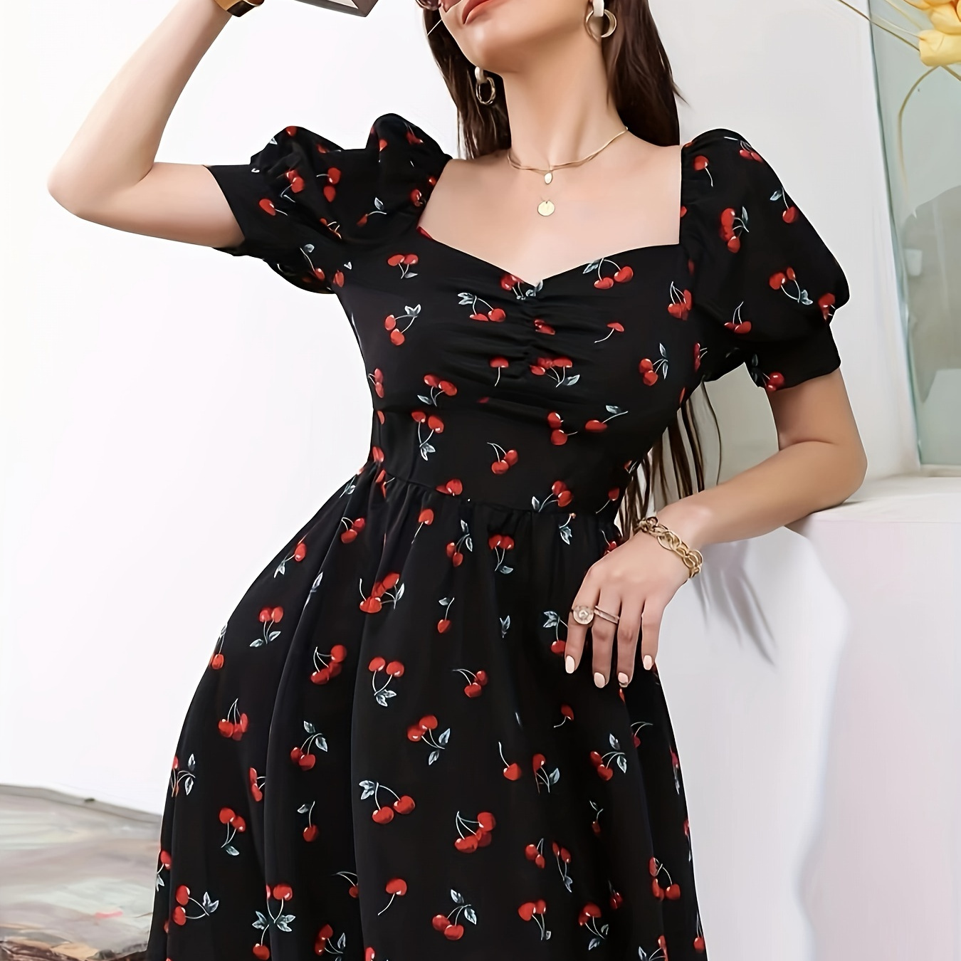 

Cherry Print Square Neck A-line Dress, Elegant Short Sleeve Dress For Spring & Summer, Women's Clothing