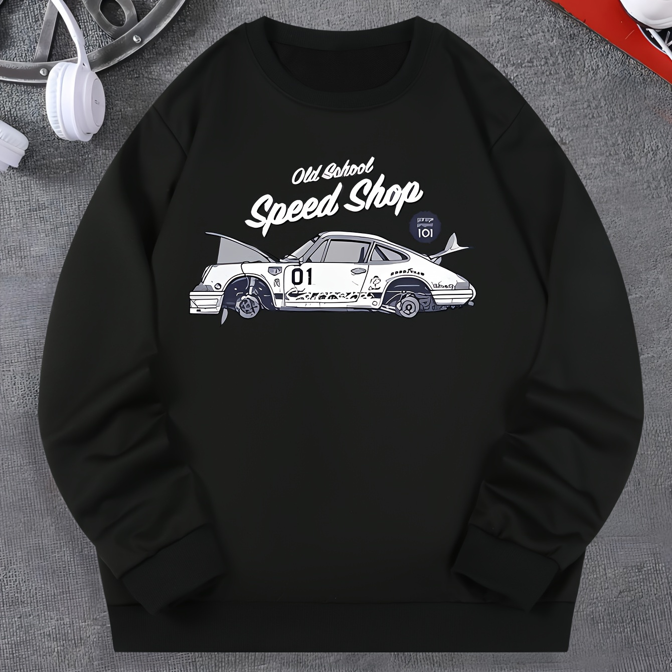 

Car Print Fashionable Men's Casual Long Sleeve Crew Neck Pullover Sweatshirt, Suitable For Outdoor Sports, For Autumn Spring, Can Be Paired With Hip-hop Necklace, As Gifts