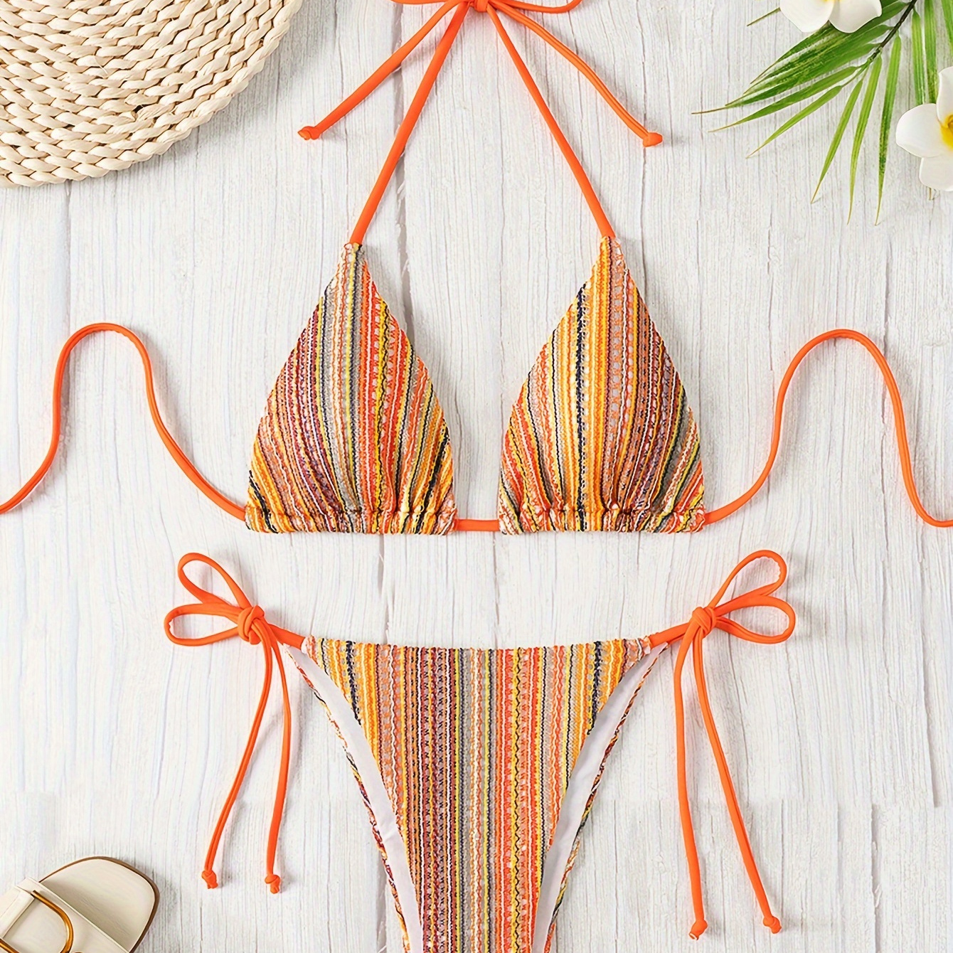 

Women's 2-piece Ethnic Style Bikini Set, Sexy Striped Print Swimwear, Adjustable Tie-top, Beach Poolside Bathing Suit