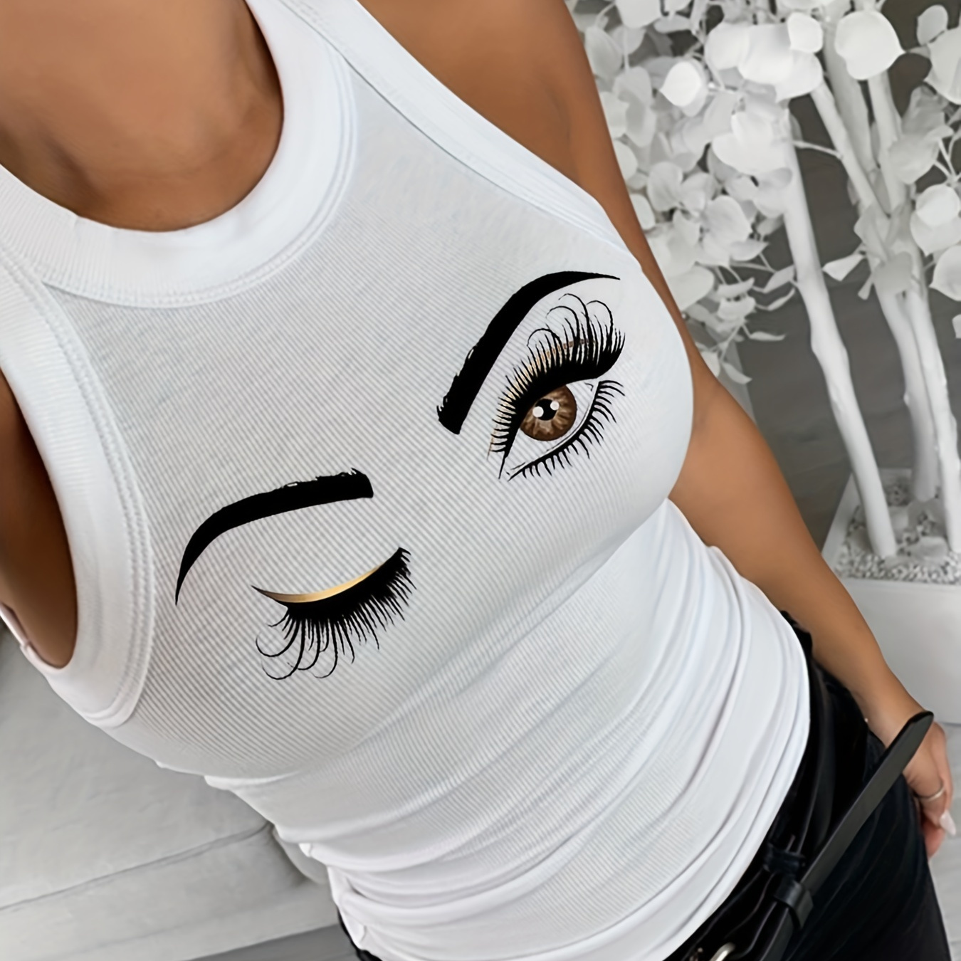 Ribbed Smile Face Graphic Printed Sporty Crop Baby Tank Top In COFFEE