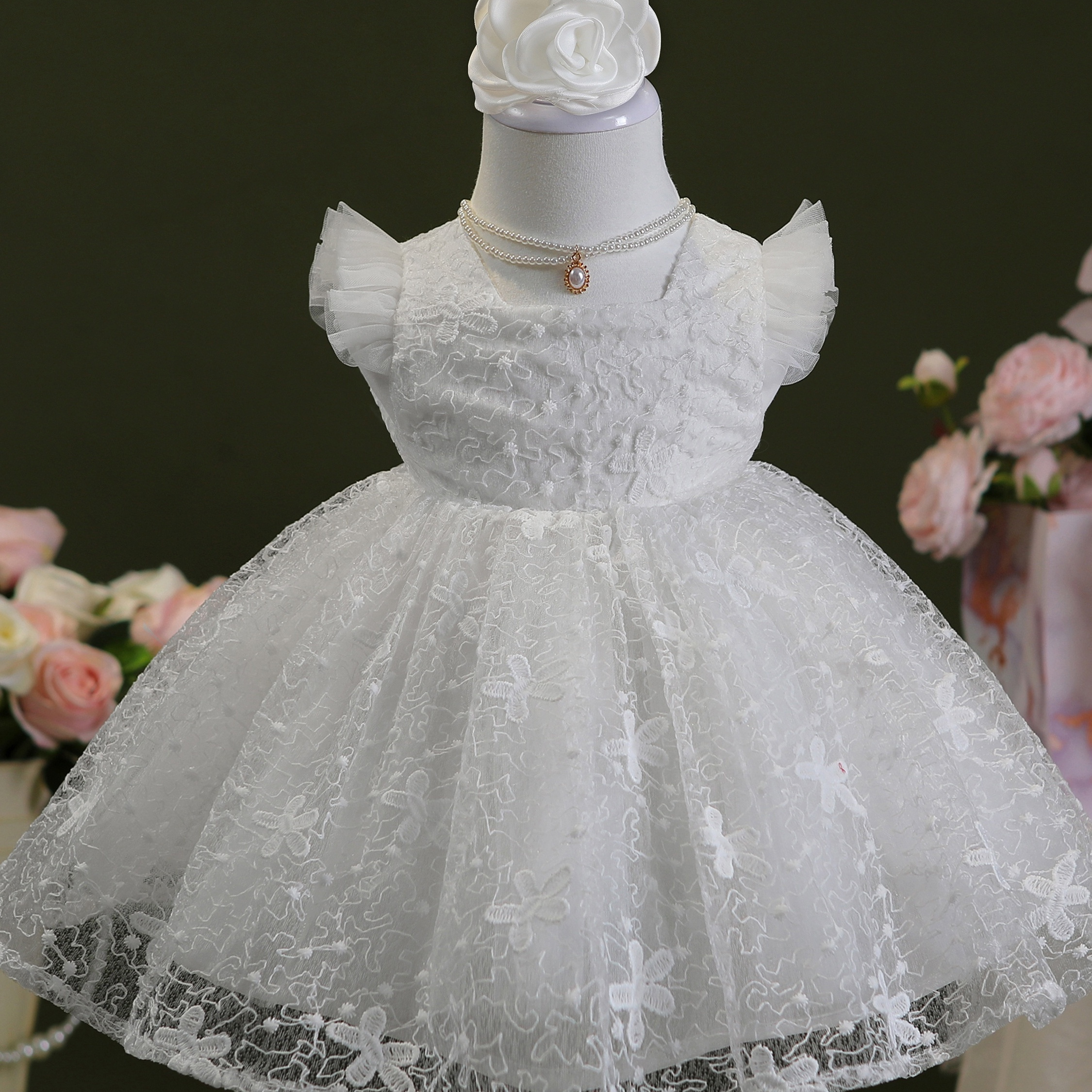 

Baby Cute & Fairy Gown Dress Hundred Day Christening Party Dress With Headdress Girls Princess Gauze Dress