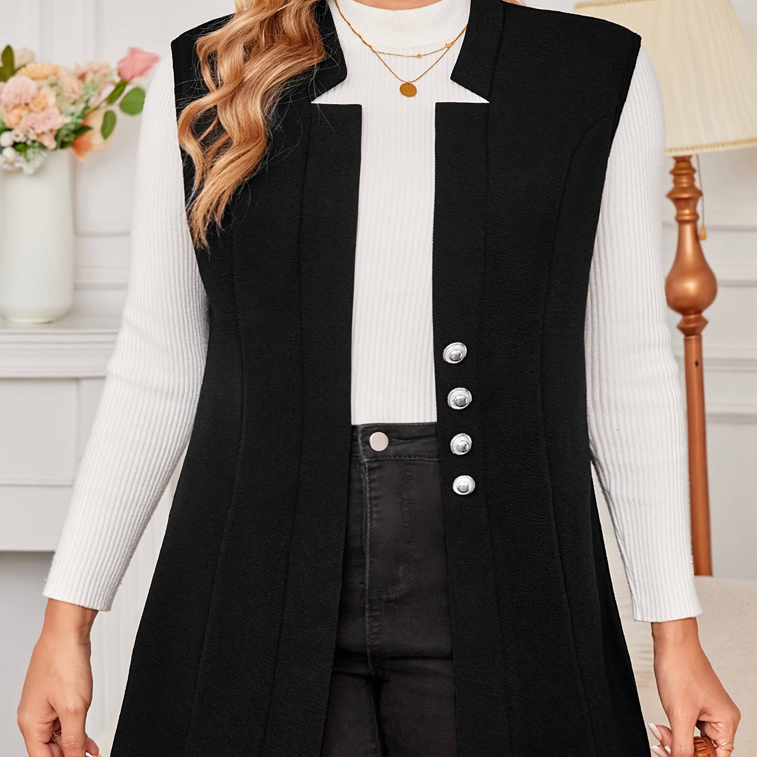 

Plus Size Solid Button Open Front Vest Jacket, Elegant Sleeveless Jacket For , Women's Plus Size Clothing