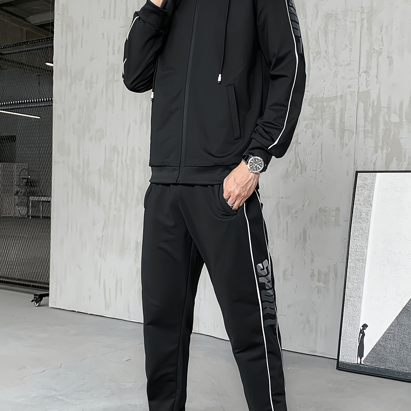 

Men's 2-piece Tracksuit Set, Athletic Sports Fashion, Casual Zip-up Jacket And Cuffed Pants, Sporty Style, Striped Side Detail