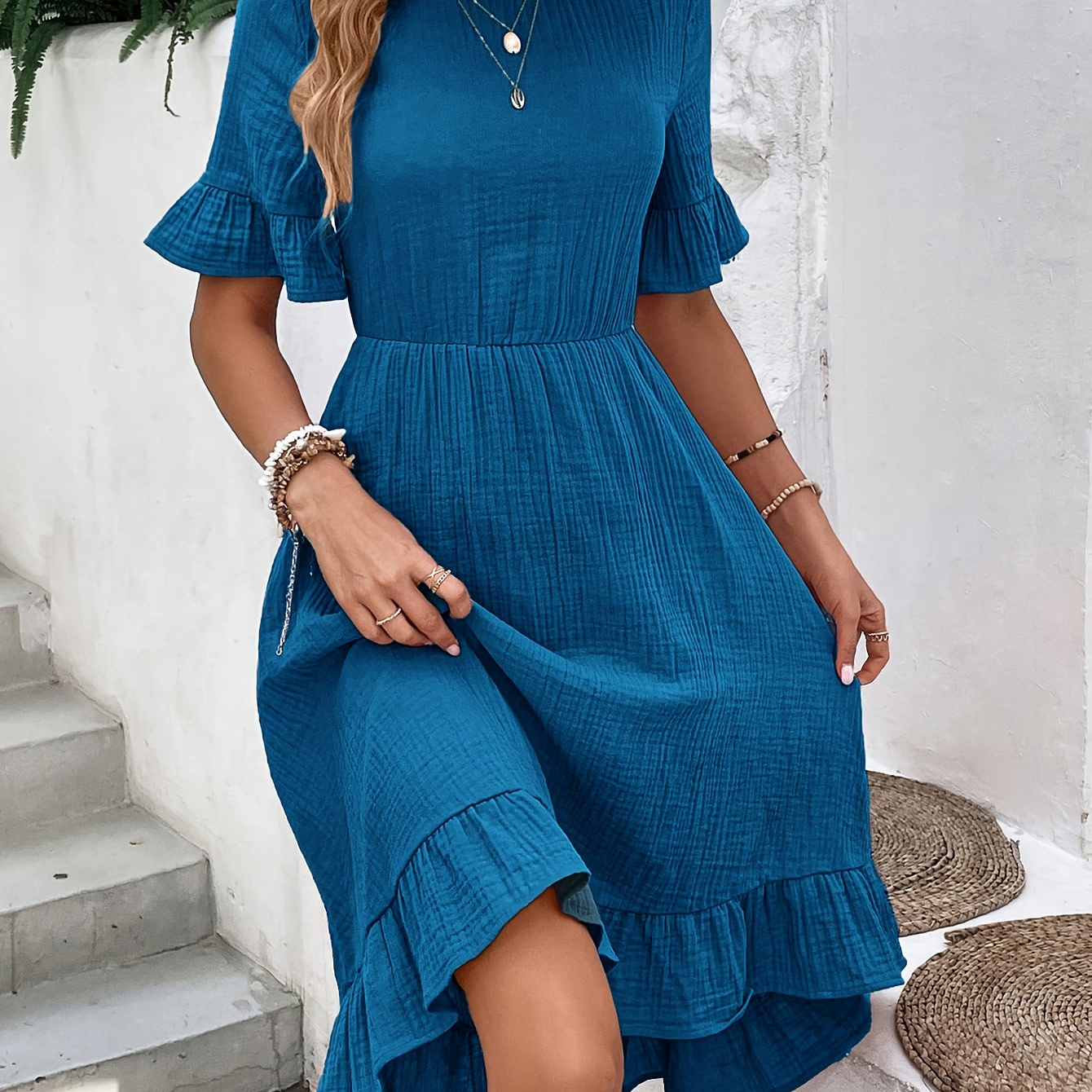 

Solid Ruffle Trim Crew Neck Dress, Vintage Flare Sleeve Aline Dress For Spring & Summer, Women's Clothing