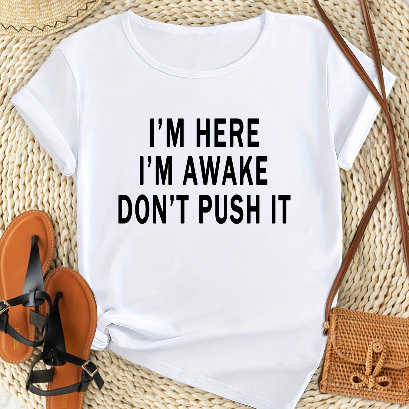 

Women's Plus Size Casual Sporty T-shirt, "i'm Here I'm Awake Don't Push It" Letter Print, Comfort Fit Short Sleeve Tee, Fashion Breathable Casual Top