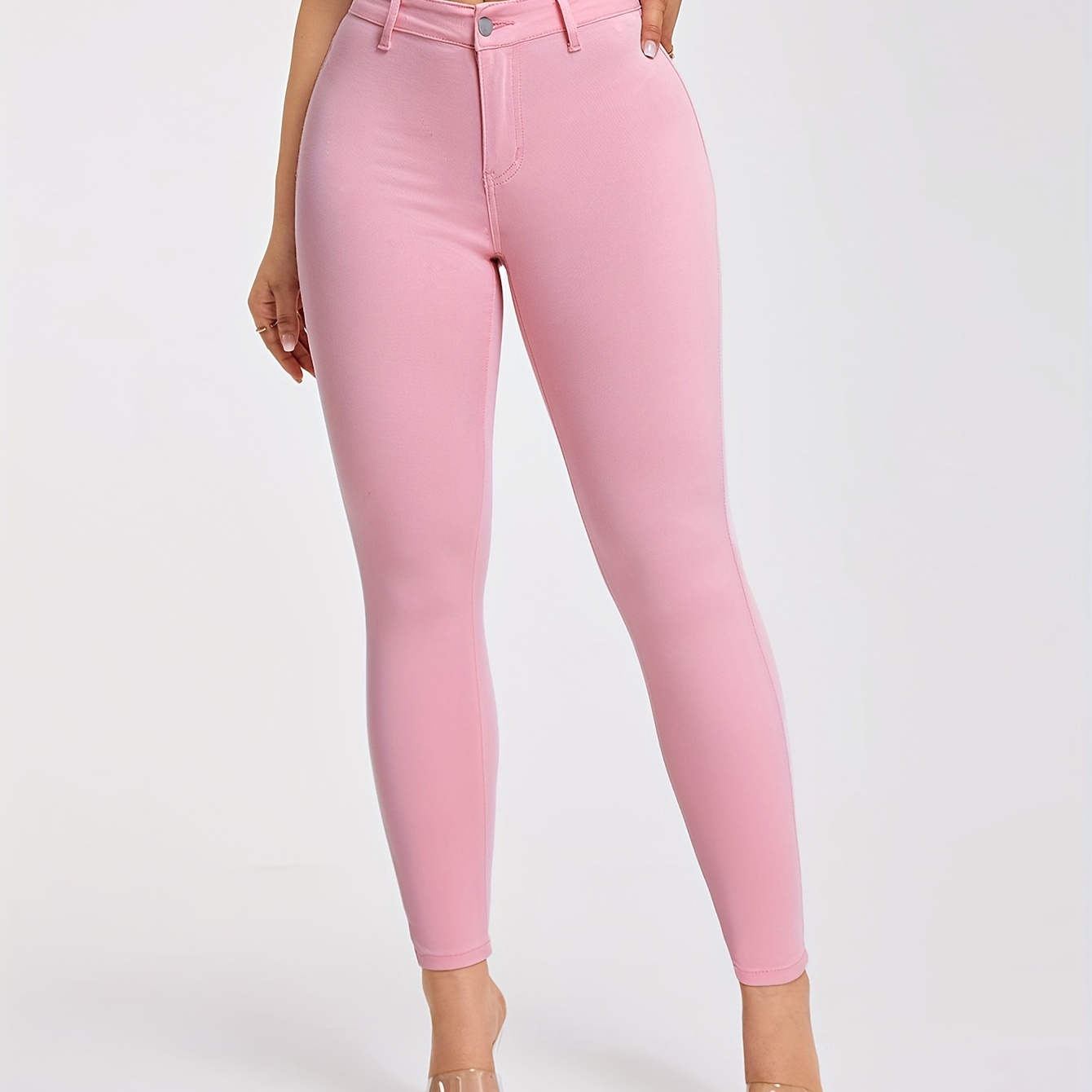 

Plain Peach Color Skinny Jeans, Medium Stretch High Rise Denim Pants, Women's Denim Jeans & Clothing