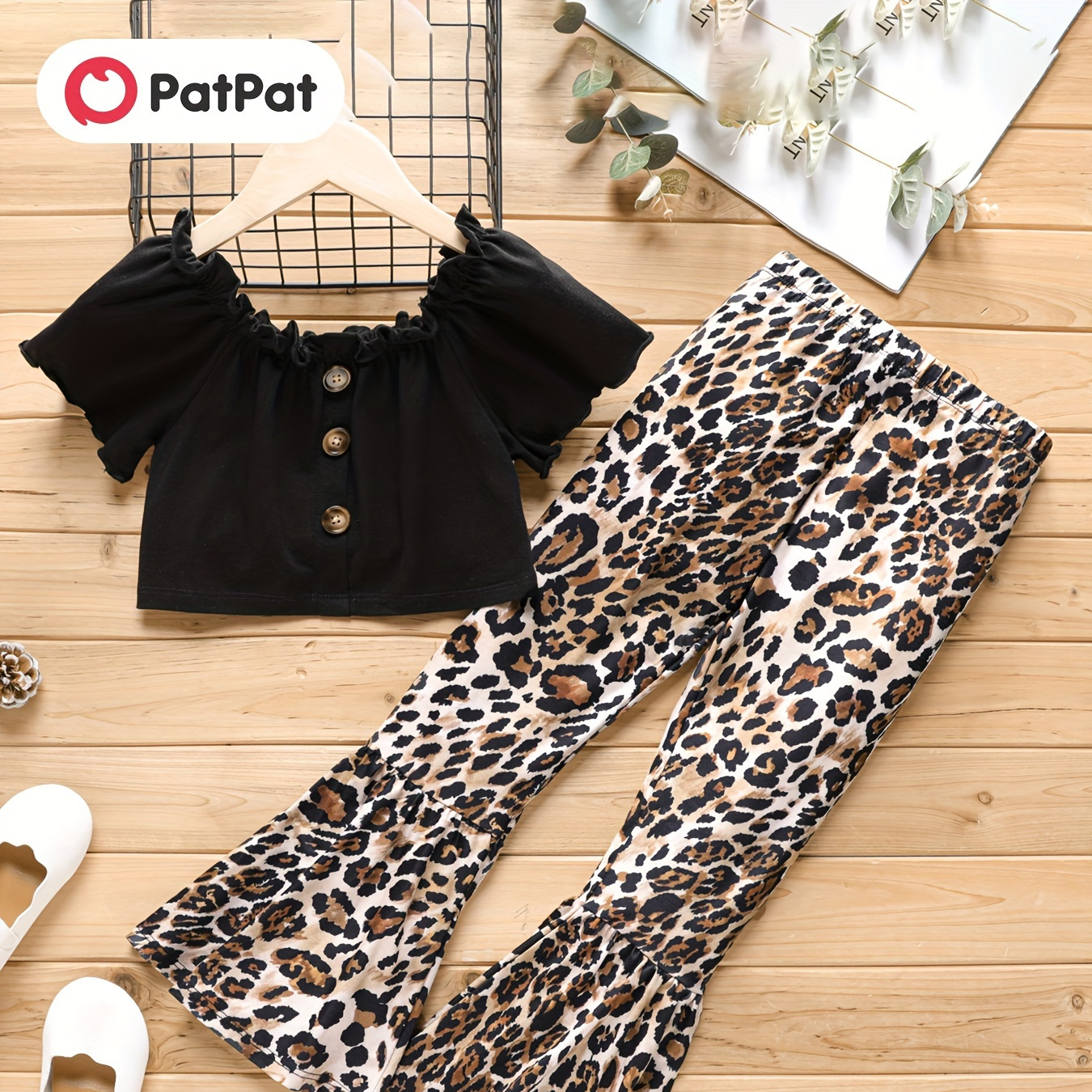 

Patpat 2pcs Girl Naia Button Up Cotton Crop Top & Leopard Flared Pants Set Spring Summer