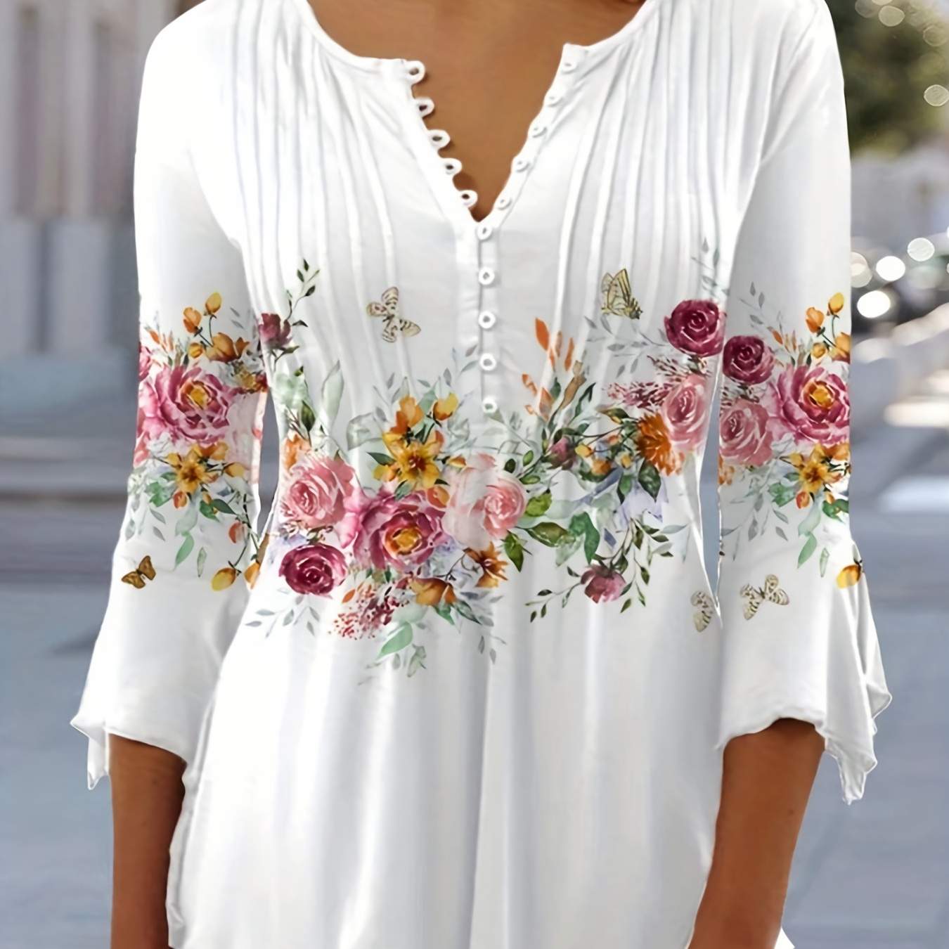

Plus Size Casual T-shirt, Women's Plus Floral Print Bell Sleeve Round Neck Slight Stretch Ruched Henley T-shirt