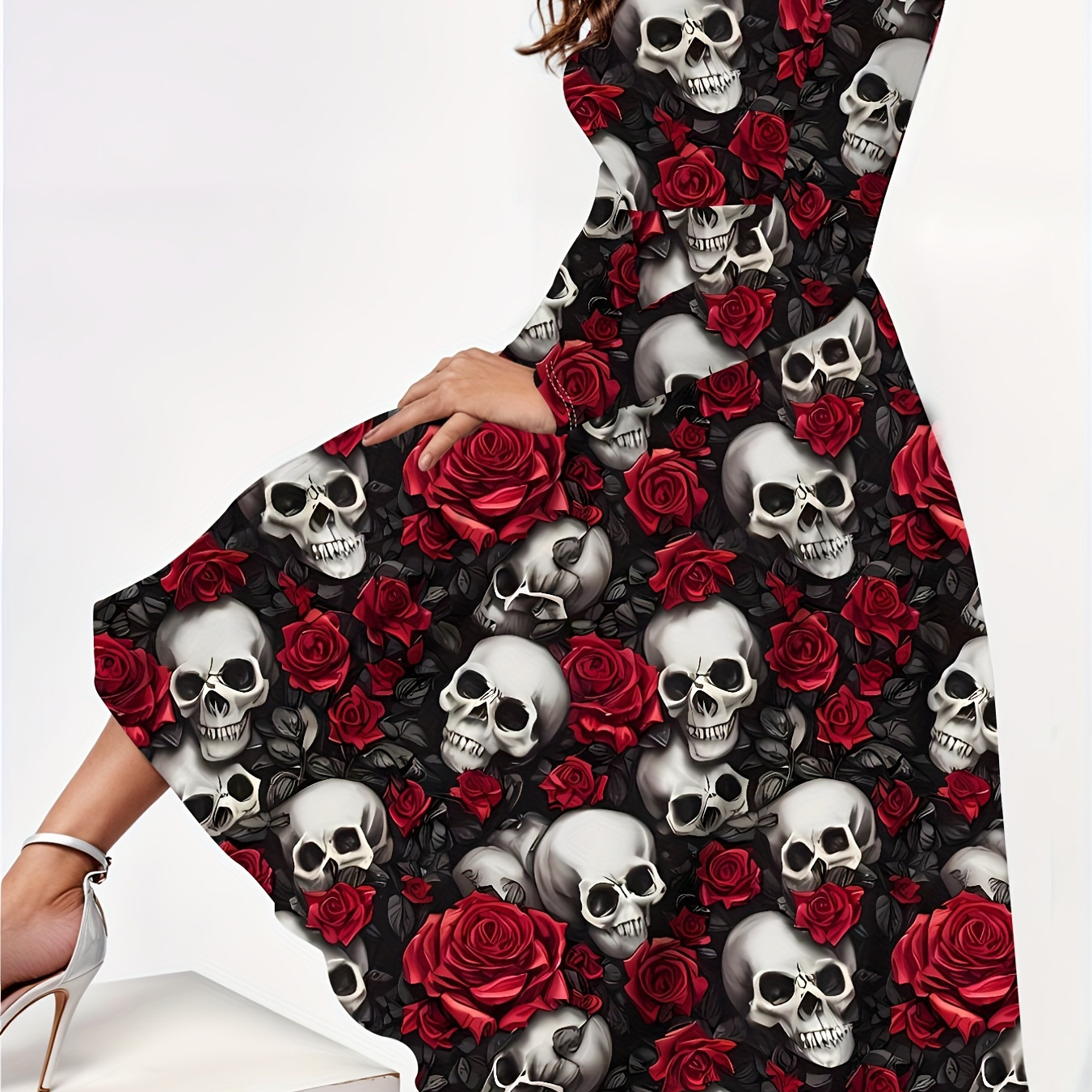 

Skull Print Crew Neck Dress, Casual Long Sleeve Midi Dress For Spring & Fall, Women's Clothing