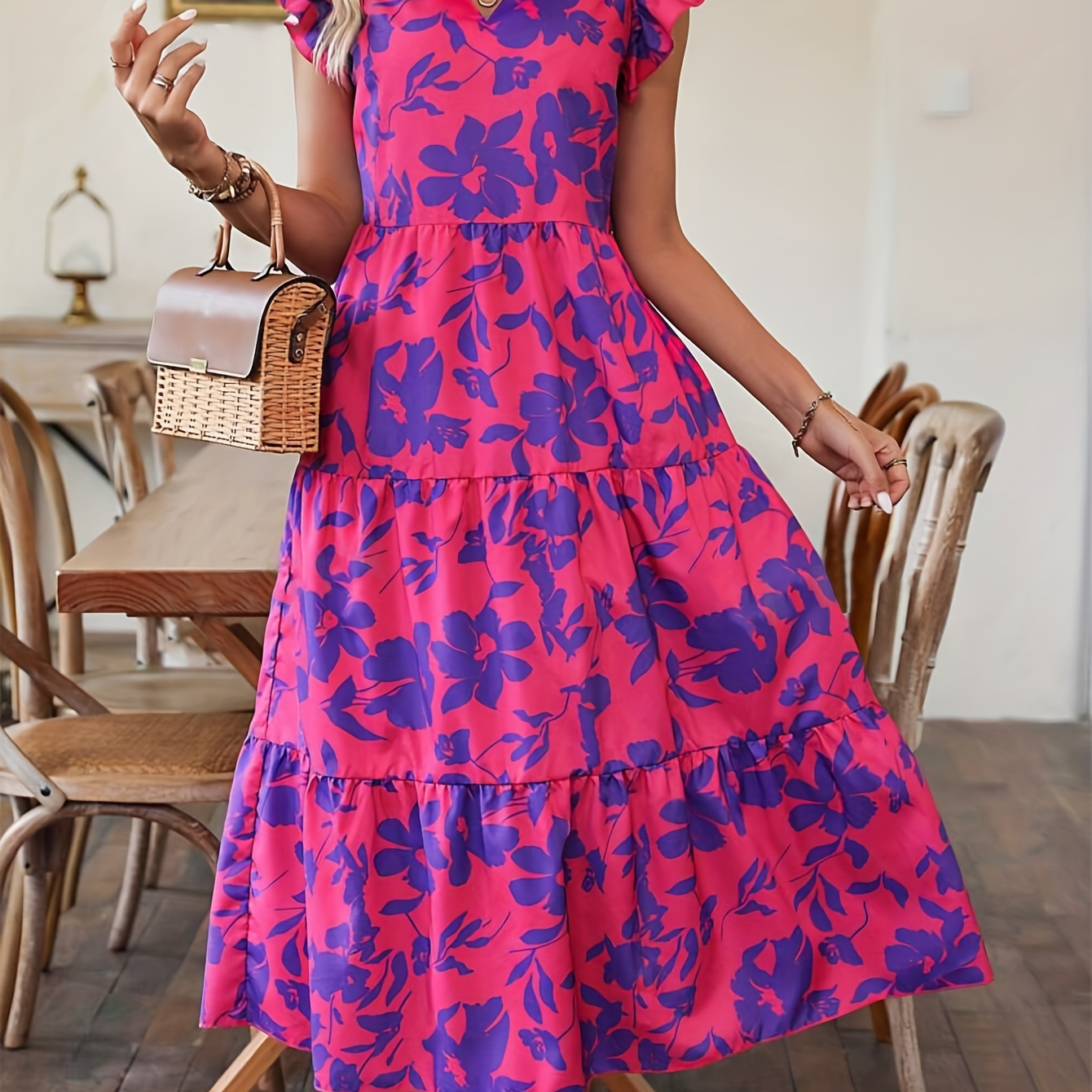 

Floral Print V-neck Dress, Elegant Ruffle Sleeve A-line Dress For Spring & Summer, Women's Clothing