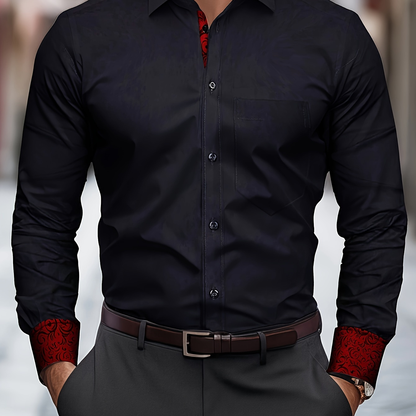 TEMU Casual Elegant Men's Slim Fit Long Sleeve Button Down Shirt, Gift For Men