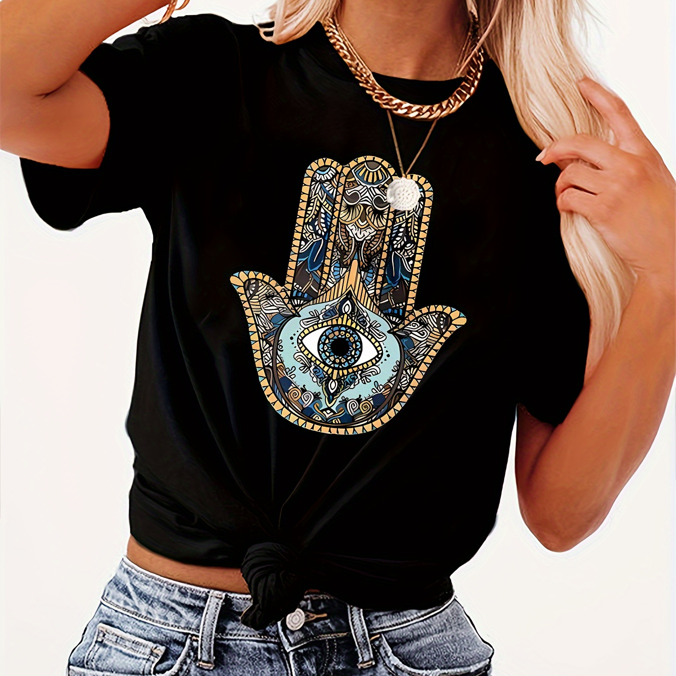

Bohemian Style Women's T-shirt, Eye In Palm Illustration Print, Casual Fashion Short Sleeve Top Tee
