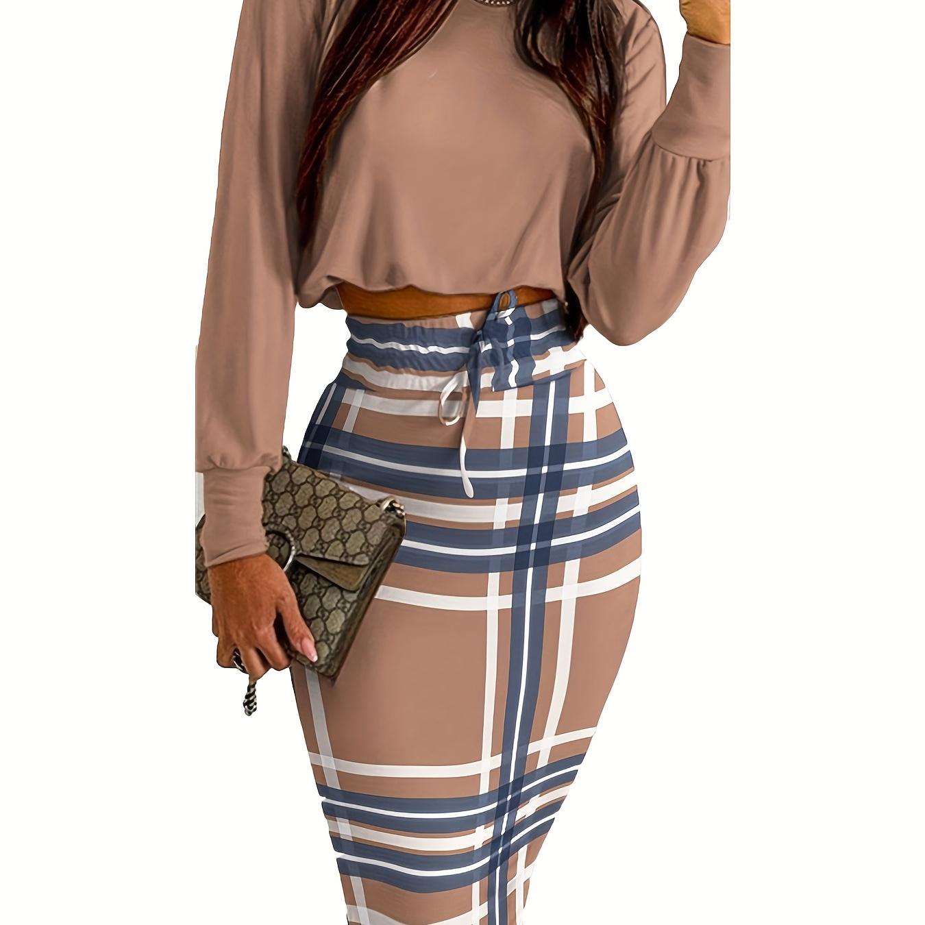 

Casual Spring & Fall Two-piece Set, Solid Long Sleeve Tops & Plaid Print Split Skirts Outfits, Women's Clothing