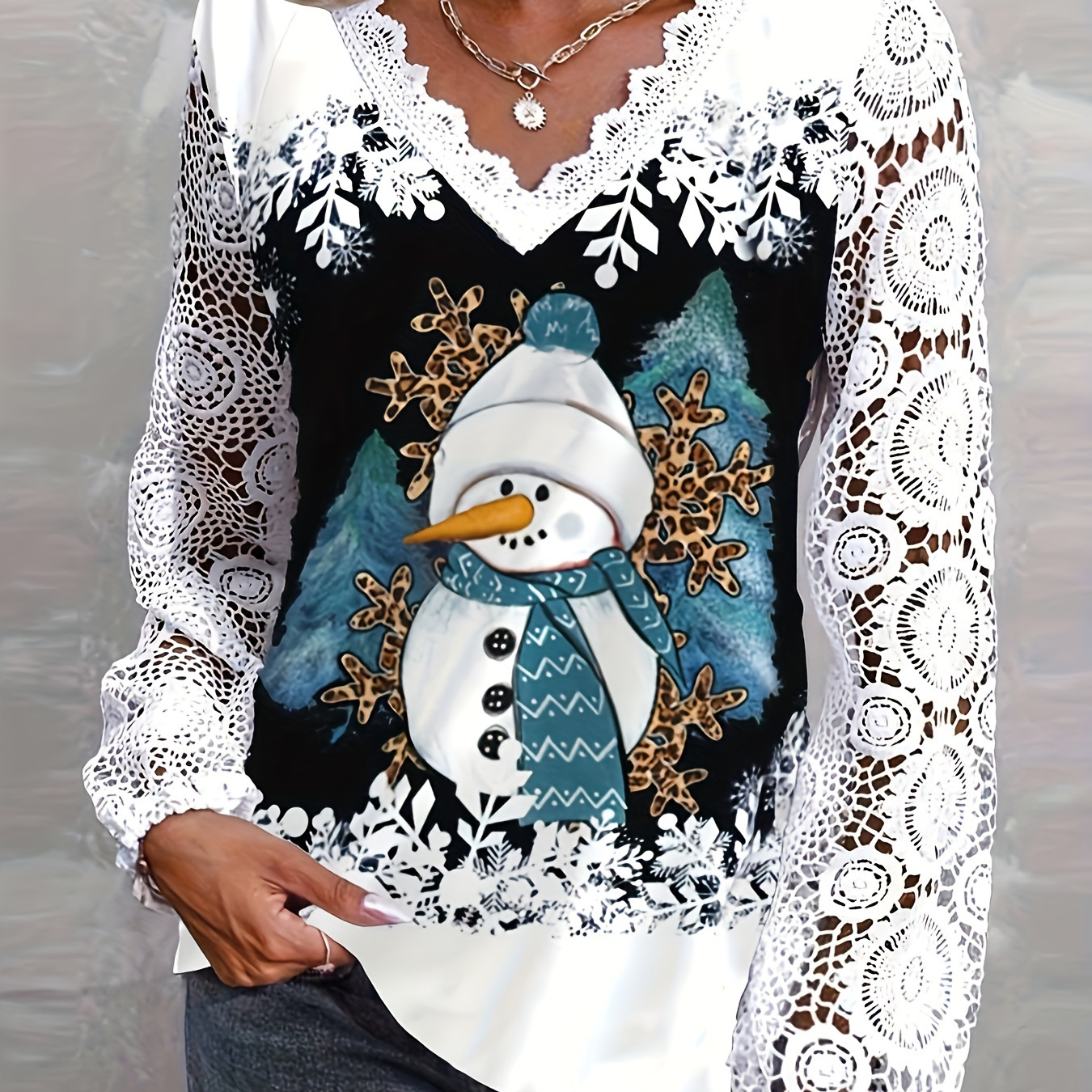 

Print Christmas Snowman & Lace Long Sleeve V-neck Top - Red And White Polyester , Machine Washable - , Decorations