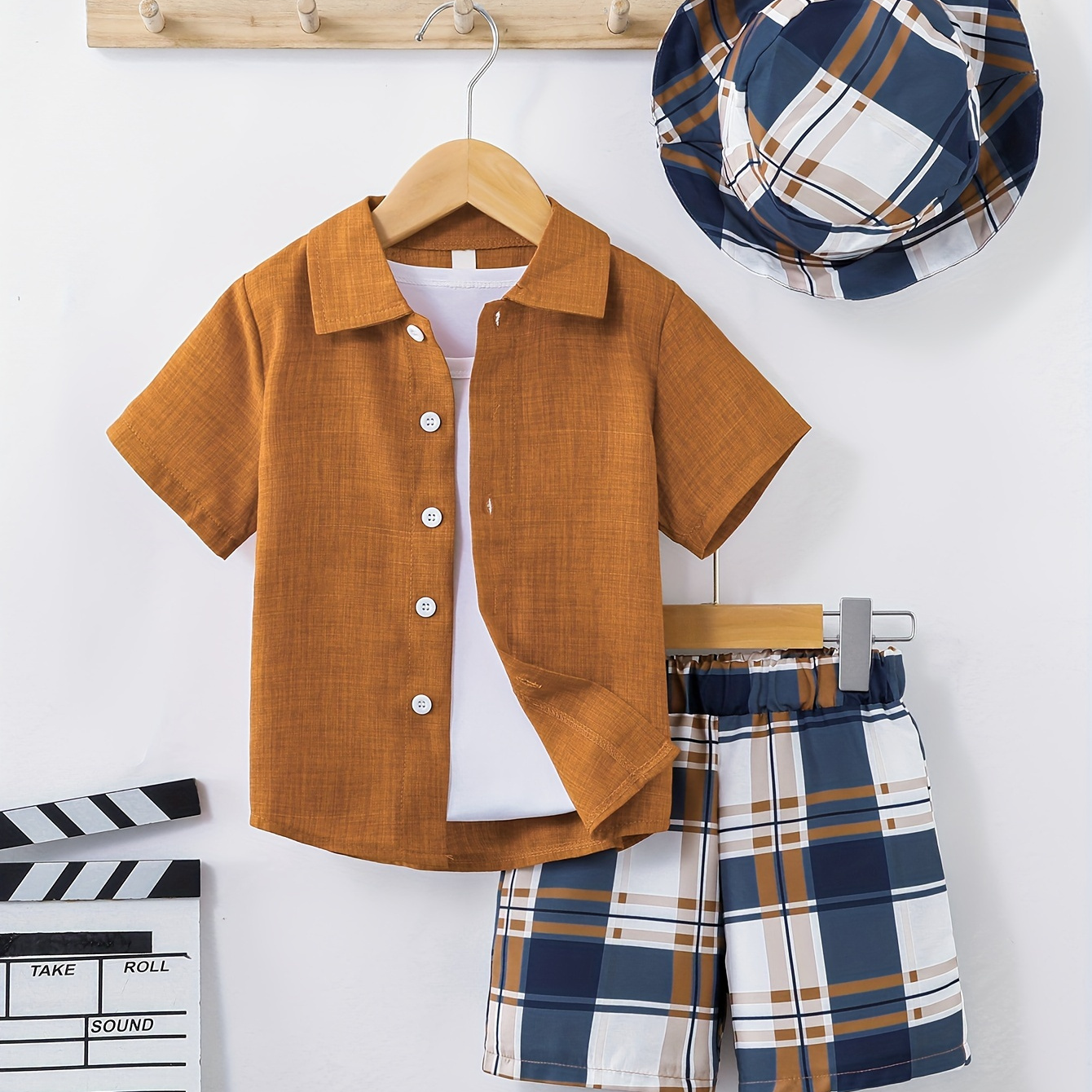 TEMU 2pcs Boys Stylish Solid Color Short Sleeve Lapel Shirt & Plaid Shorts & Hat Set, Comfy Summer Boys Clothing