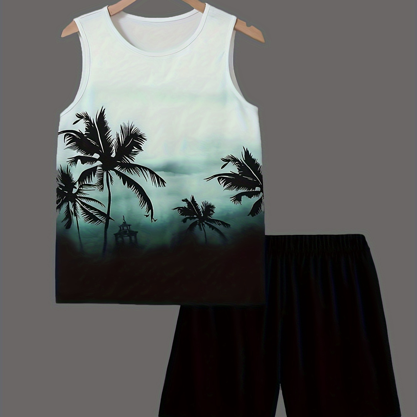 

2pcs Ink Painting Coconut Tree Print Boys Creative Sleeveless Tank Tops&shorts Set, Casual Vest&shorts, Boys Clothing
