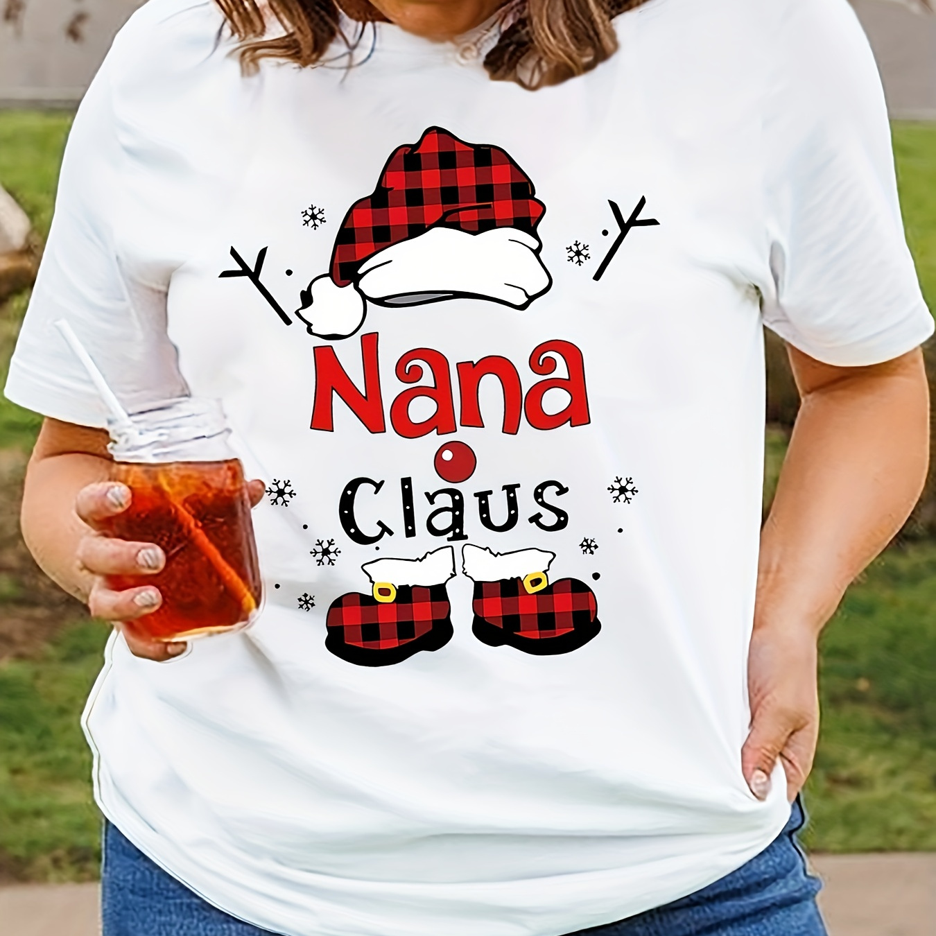 

Plus Size Women's Casual Crew Neck T-shirt With Fashionable Santa Hat And Shoes Print, 100% Polyester Knit Fabric, Medium Stretch, Short Sleeve Tee For All Seasons