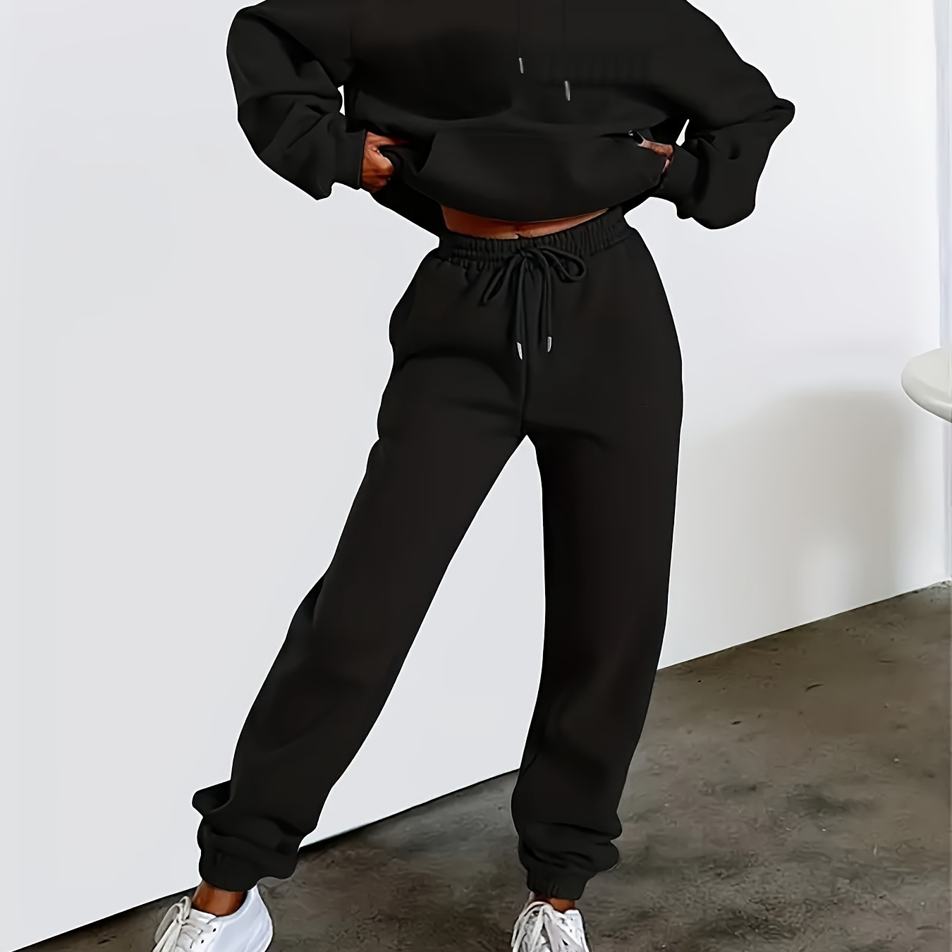 

Solid Color Casual Two-piece Set, Featuring A Hooded Sweatshirt With Kangaroo Pockets And Drawstring Jogger Pants, For Women.