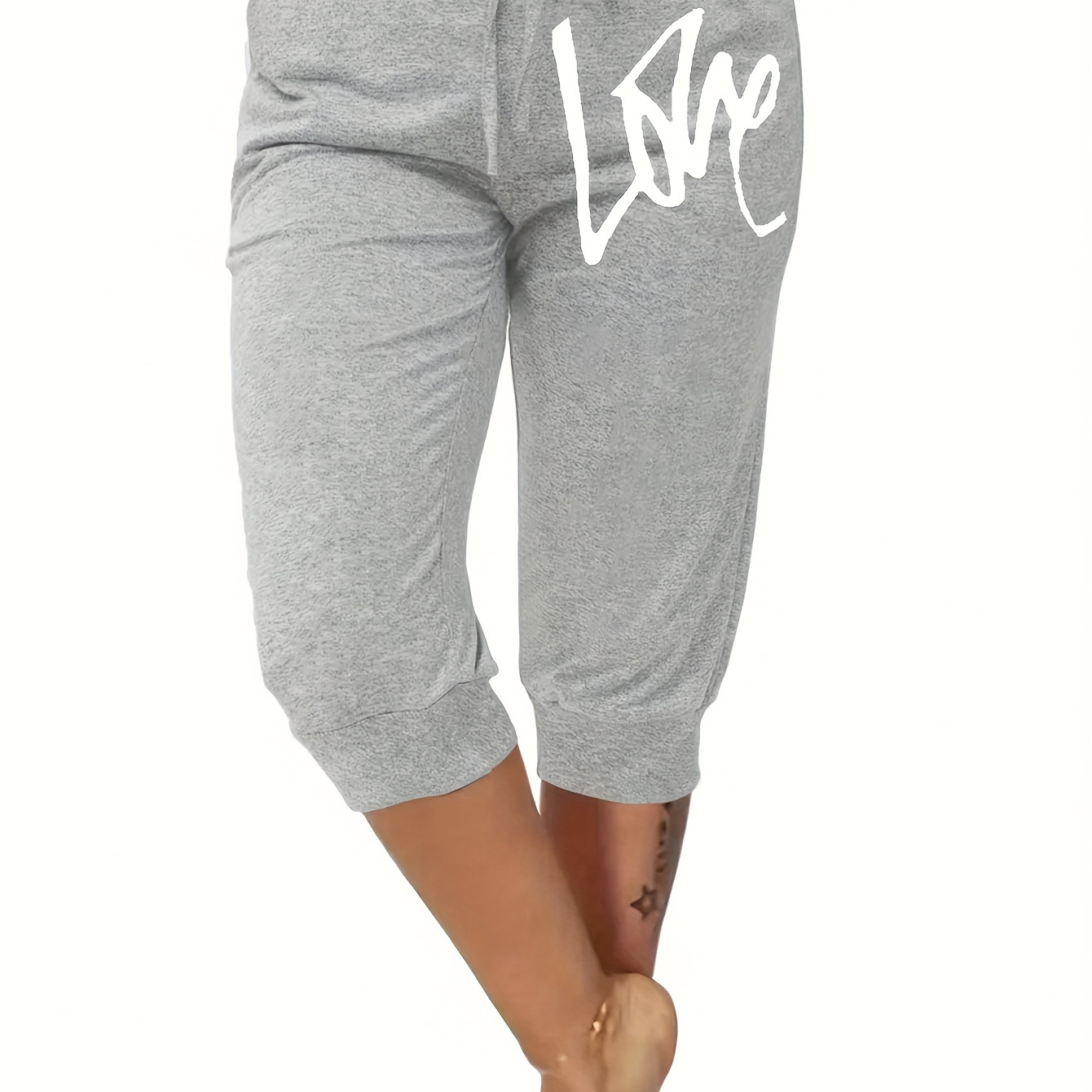

Plus Size Letter Love Print Fitted Bottom Capris Joggers, Casual Sporty Drawstring Crop Pants For Spring & Summer, Women's Plus Size Clothing
