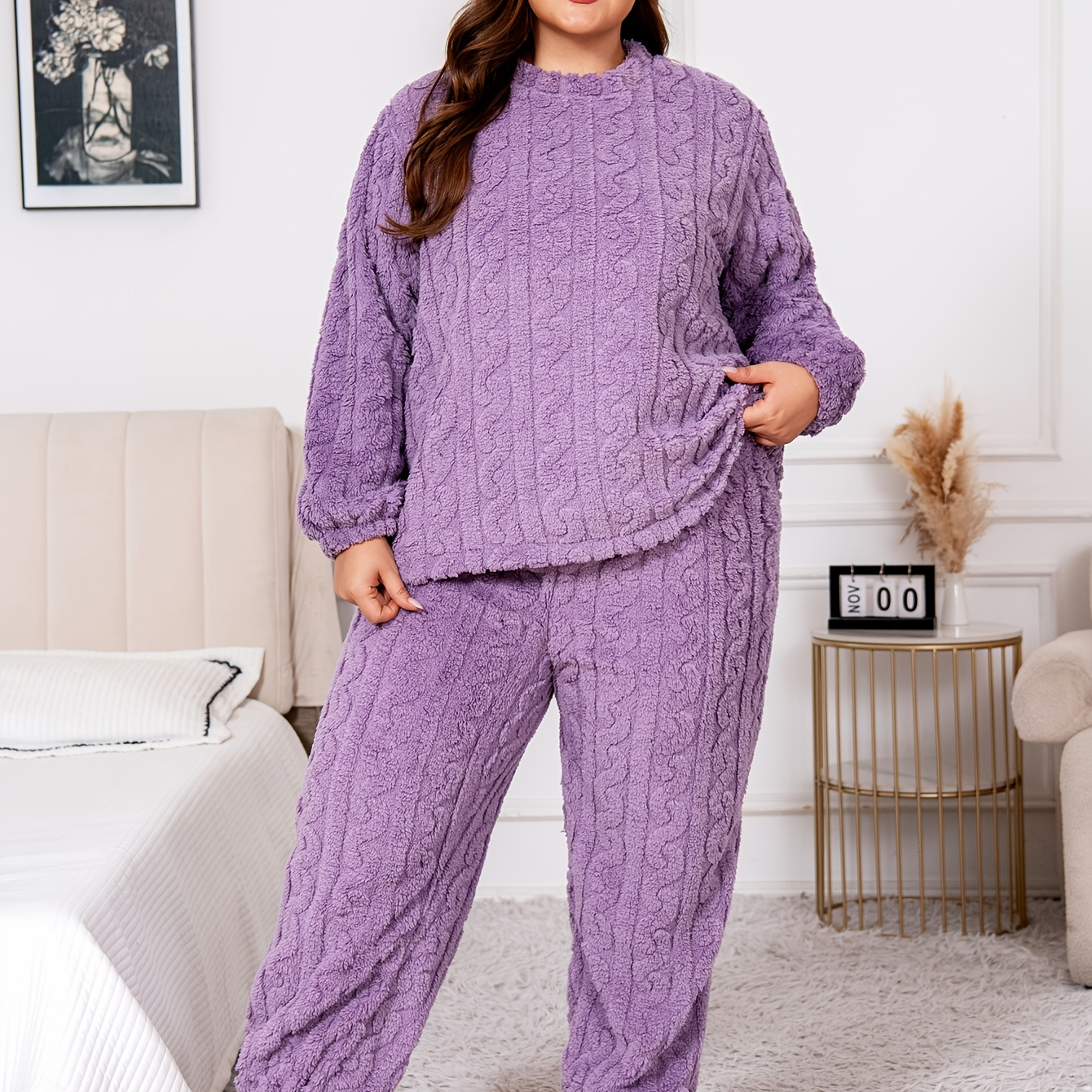 

Women's Plus Size Casual Pajama Set, Solid Color Textured Long Sleeve Top And Pants, Crew Neck Fleece-lined Thick Warm Flannel, Non-stretch Knit Fabric, Fall/winter Sleepwear, 2pcs Set