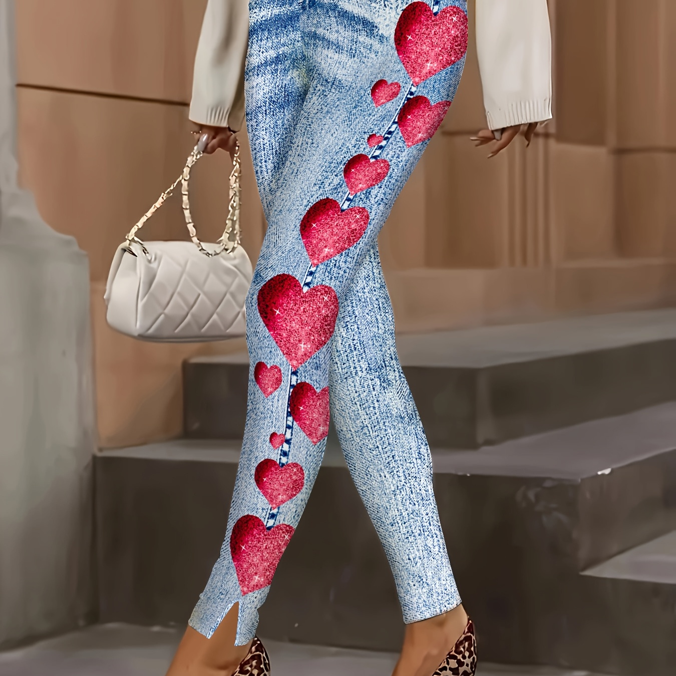 

1pc Women' Casual Denim-look Heart Print Knit Polyester Jeggings, Pants For Adults