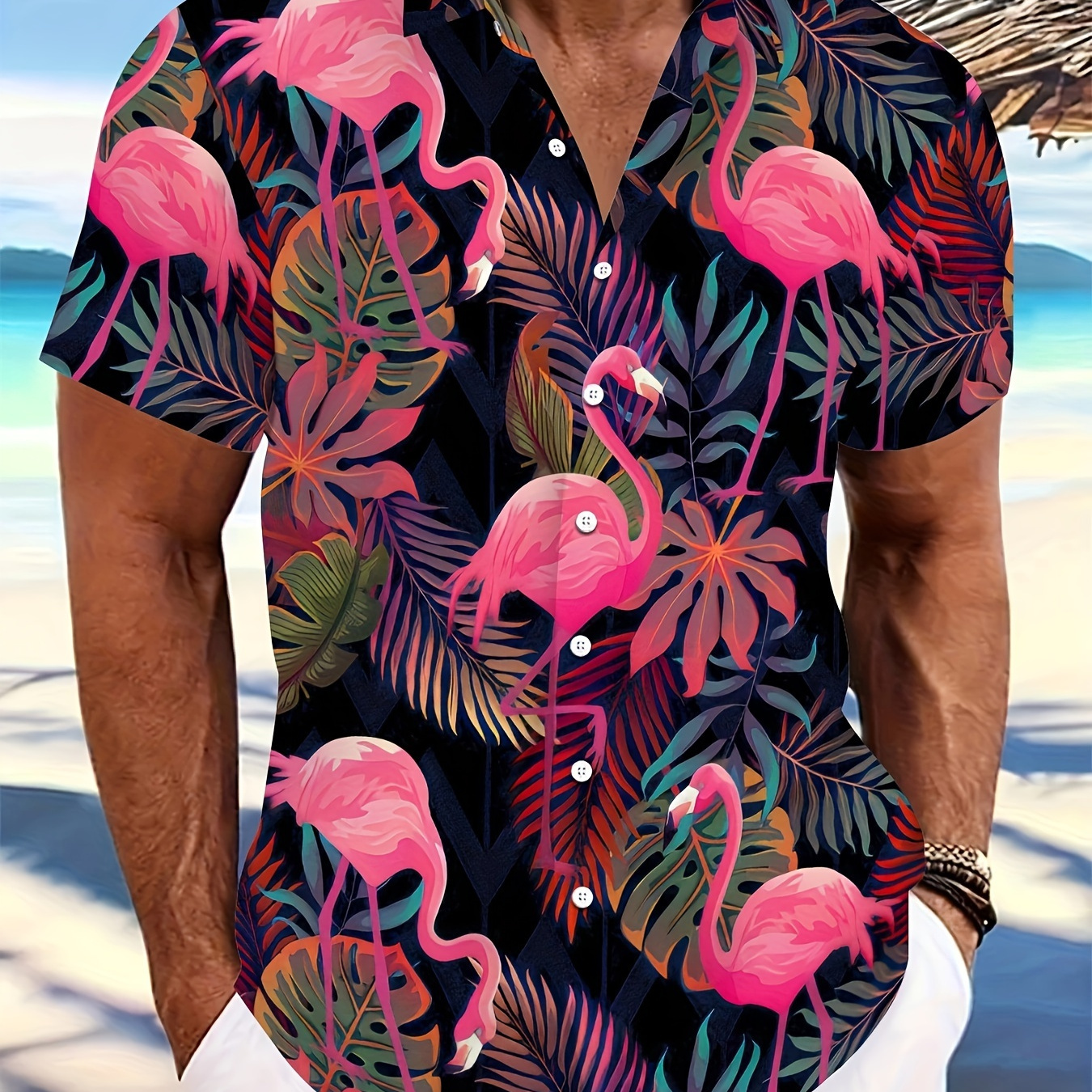 

Men's 3d Flamingo Pattern Print Short Sleeve Lapel Shirt Top, Casual Button Up Shirt For Summer And Vacation Resorts